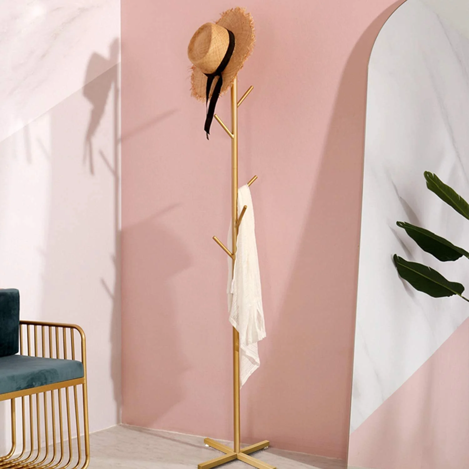 Freestanding Metal Coat Hat Hanging Stand Clothes Hanger Rack Tree Organiser (Gold) - Image 7