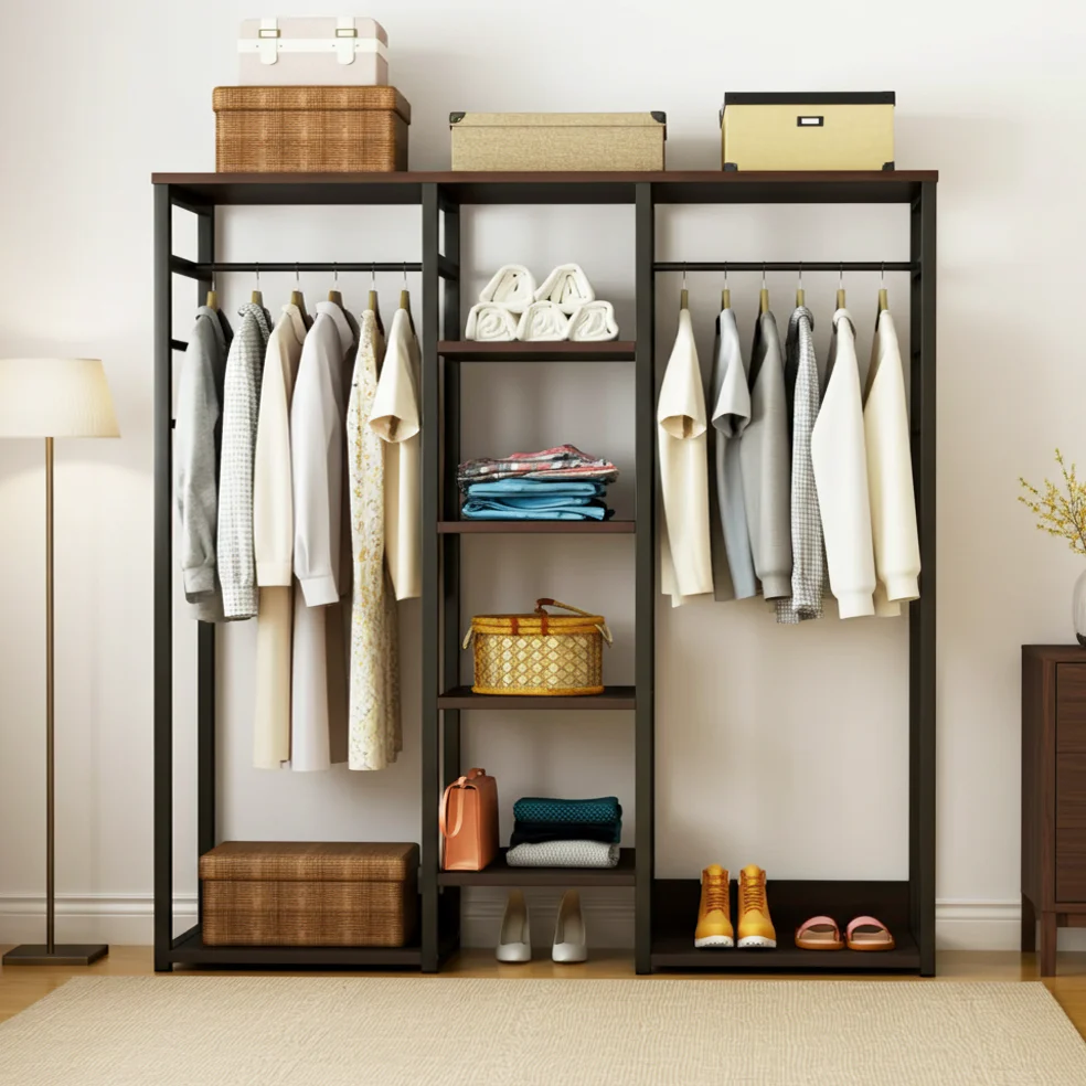 Galaxy Wardrobe Cupboard Shelves & Clothes Hanging Racks (Black Walnut) - Image 4