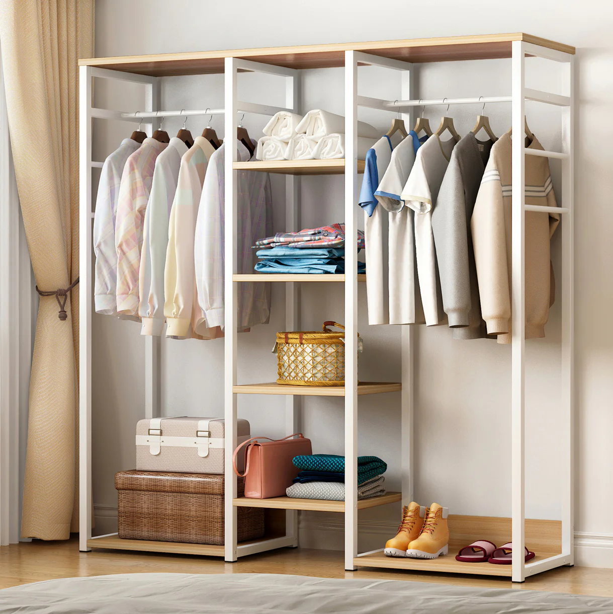 Galaxy Wardrobe Cupboard Shelves & Clothes Hanging Racks (White & Oak) - Image 13