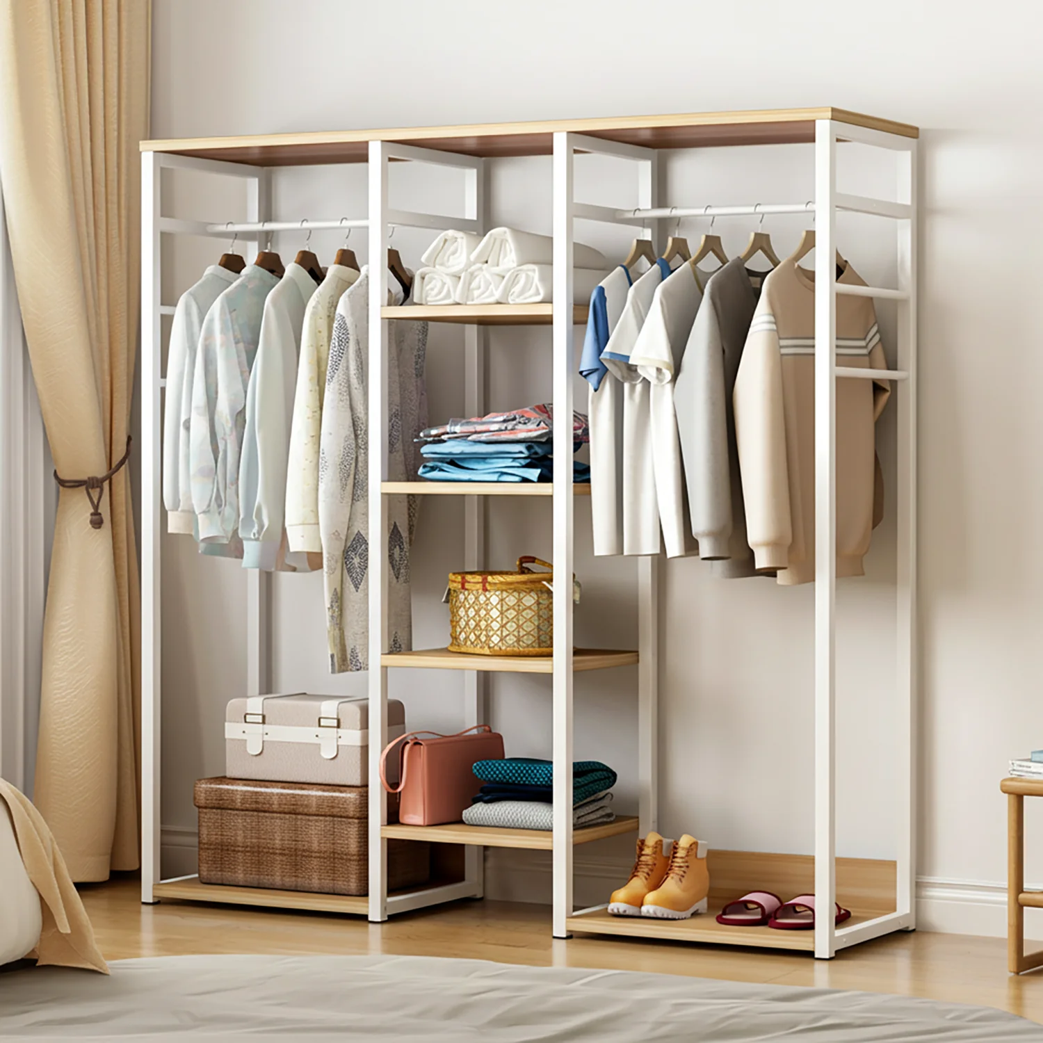 Galaxy Wardrobe Cupboard Shelves & Clothes Hanging Racks (White & Oak) - Image 6
