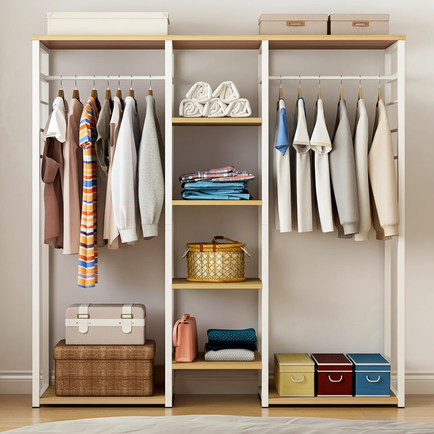 Galaxy Wardrobe Cupboard Shelves & Clothes Hanging Racks (White & Oak) - Image 7