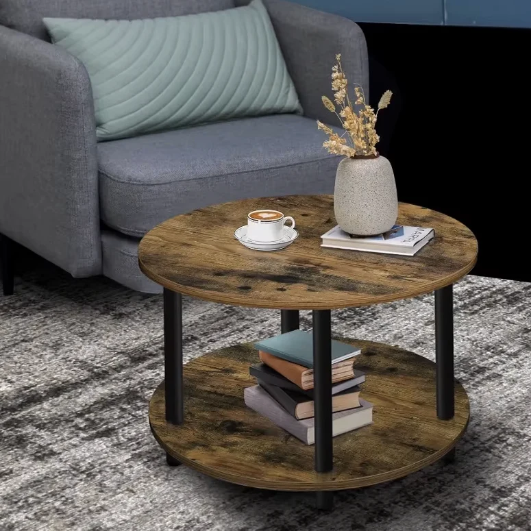 Gem Round Rustic Wood Metal Round End Coffee Table with Storage Shelf - Image 11