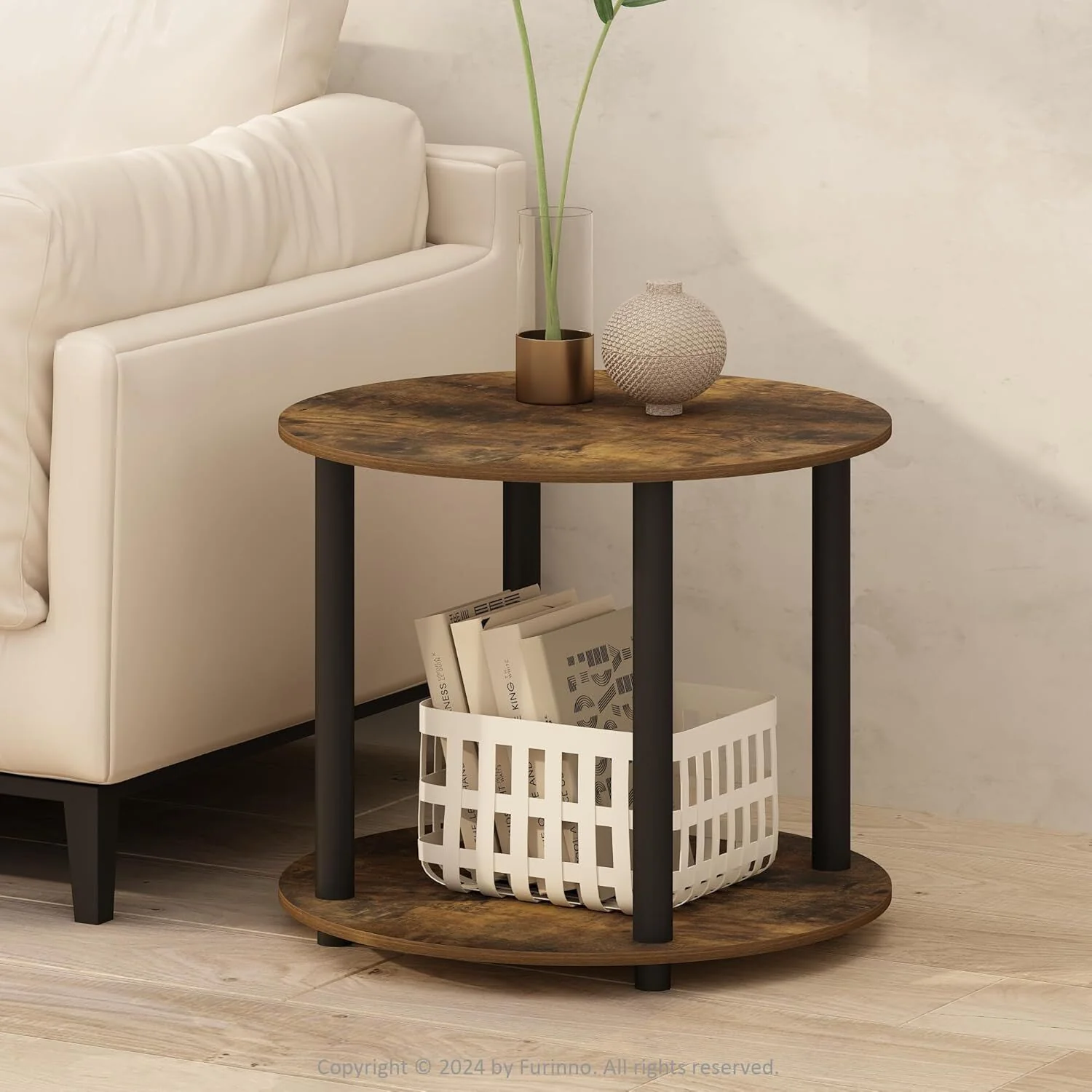 Gem Round Rustic Wood Metal Round End Coffee Table with Storage Shelf - Image 13