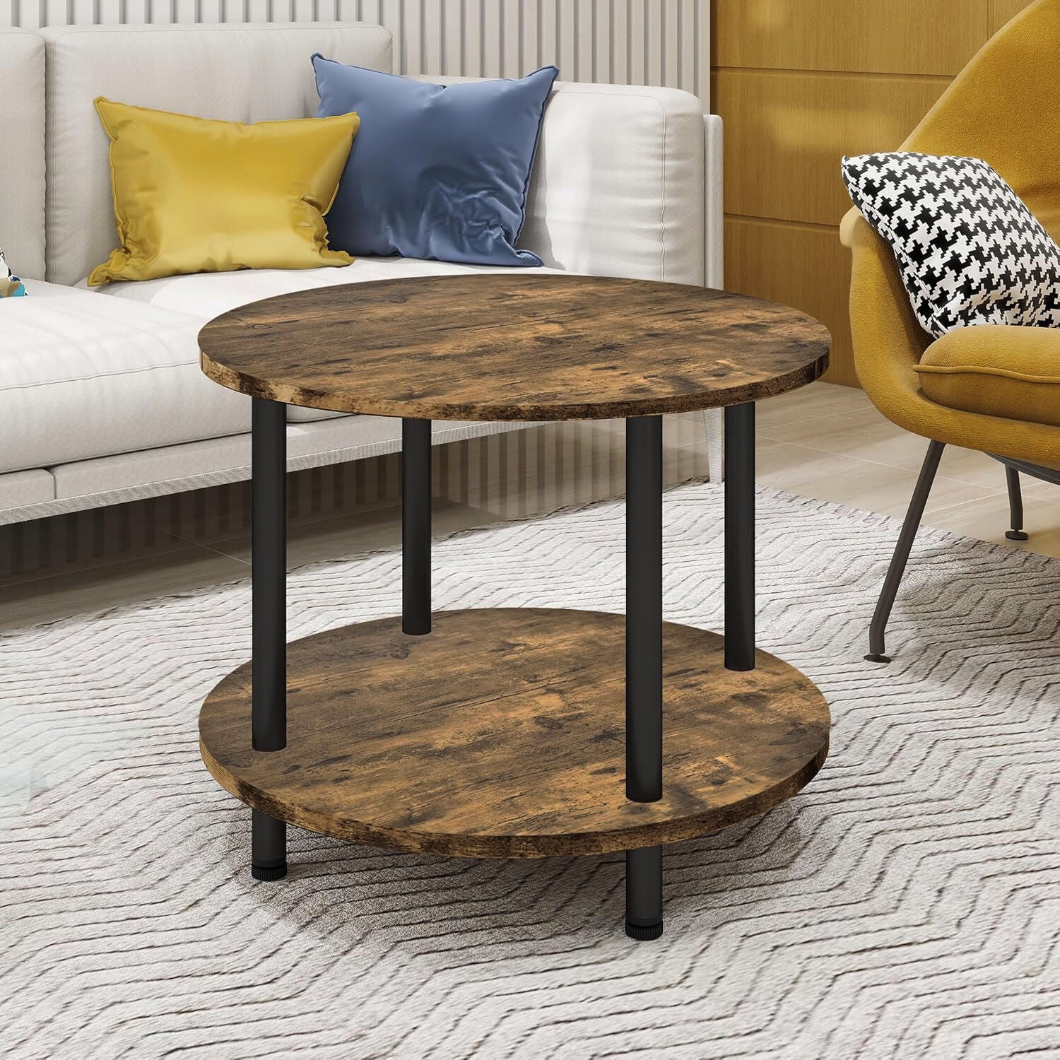 Gem Round Rustic Wood Metal Round End Coffee Table with Storage Shelf - Image 5