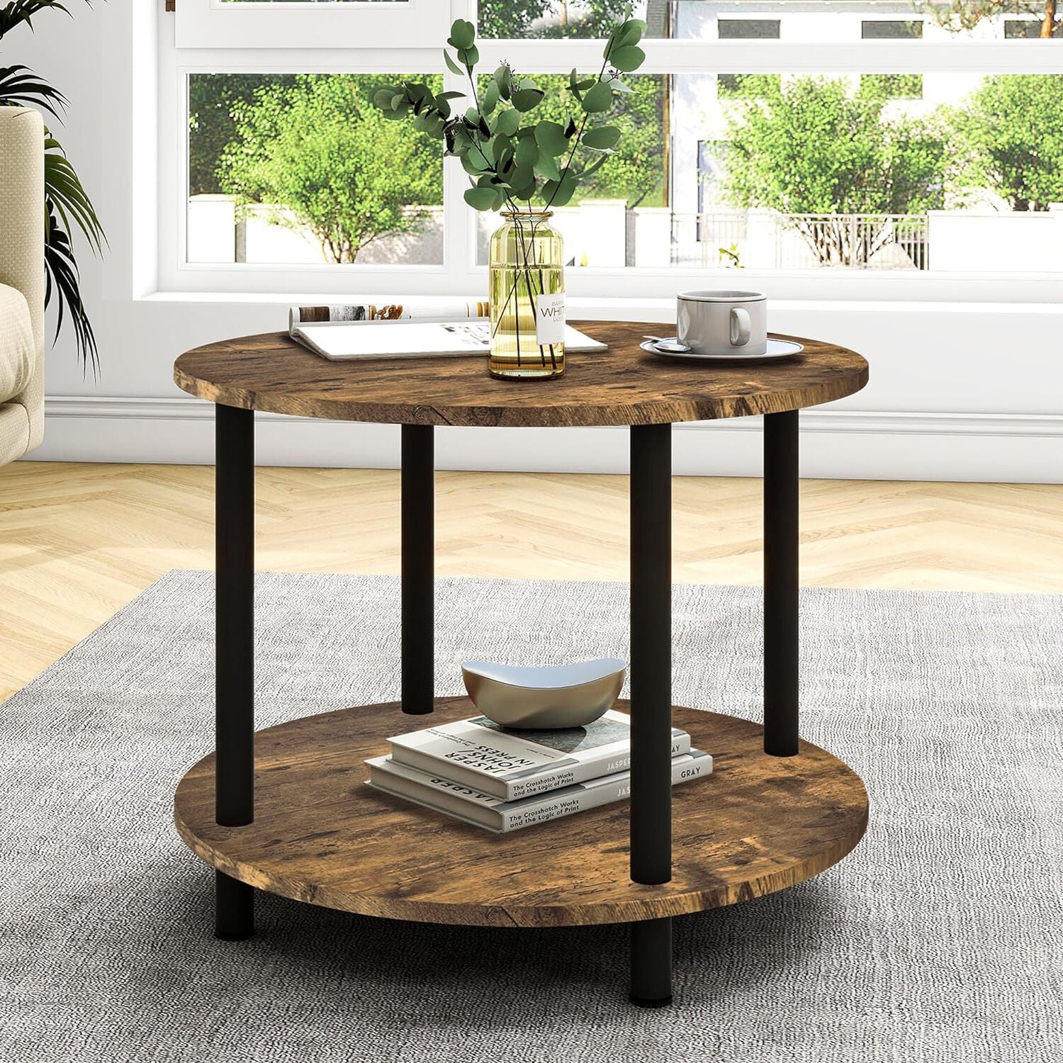 Gem Round Rustic Wood Metal Round End Coffee Table with Storage Shelf - Image 6