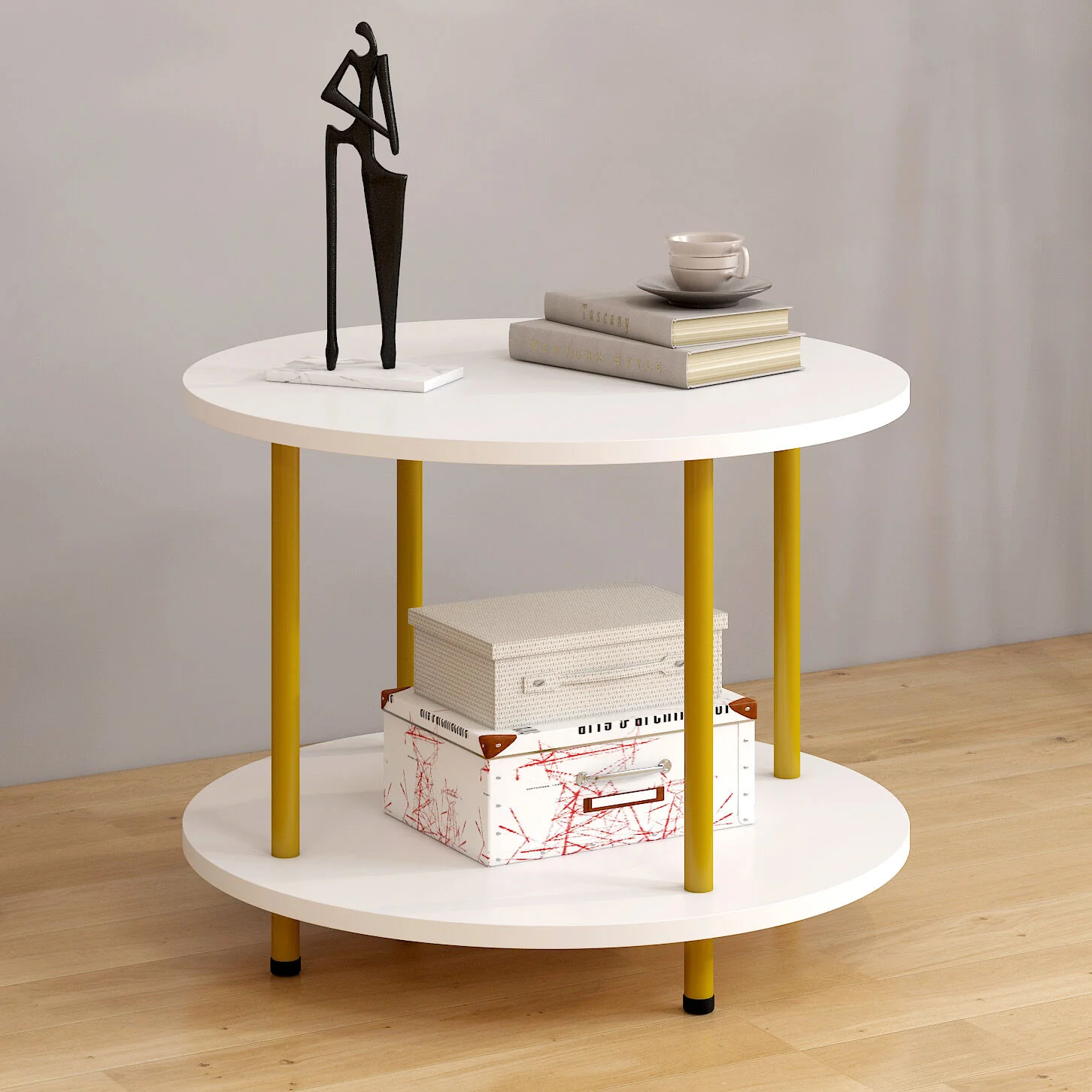 Gem Round White Wood Metal Round End Coffee Table with Storage Shelf - Image 5