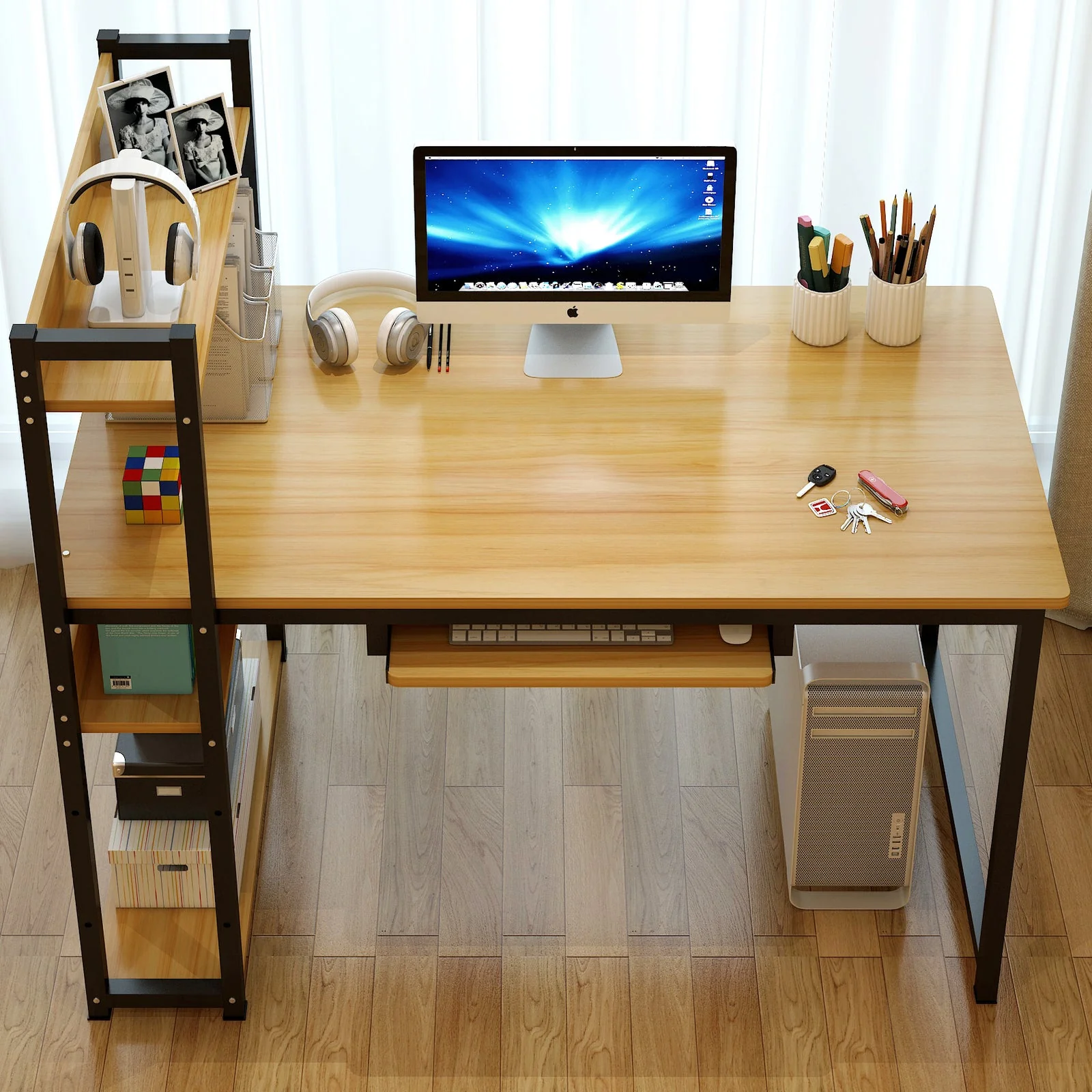 Genius Large Workstation Wood & Steel Computer Desk with Storage Shelves (Oak) - Image 3
