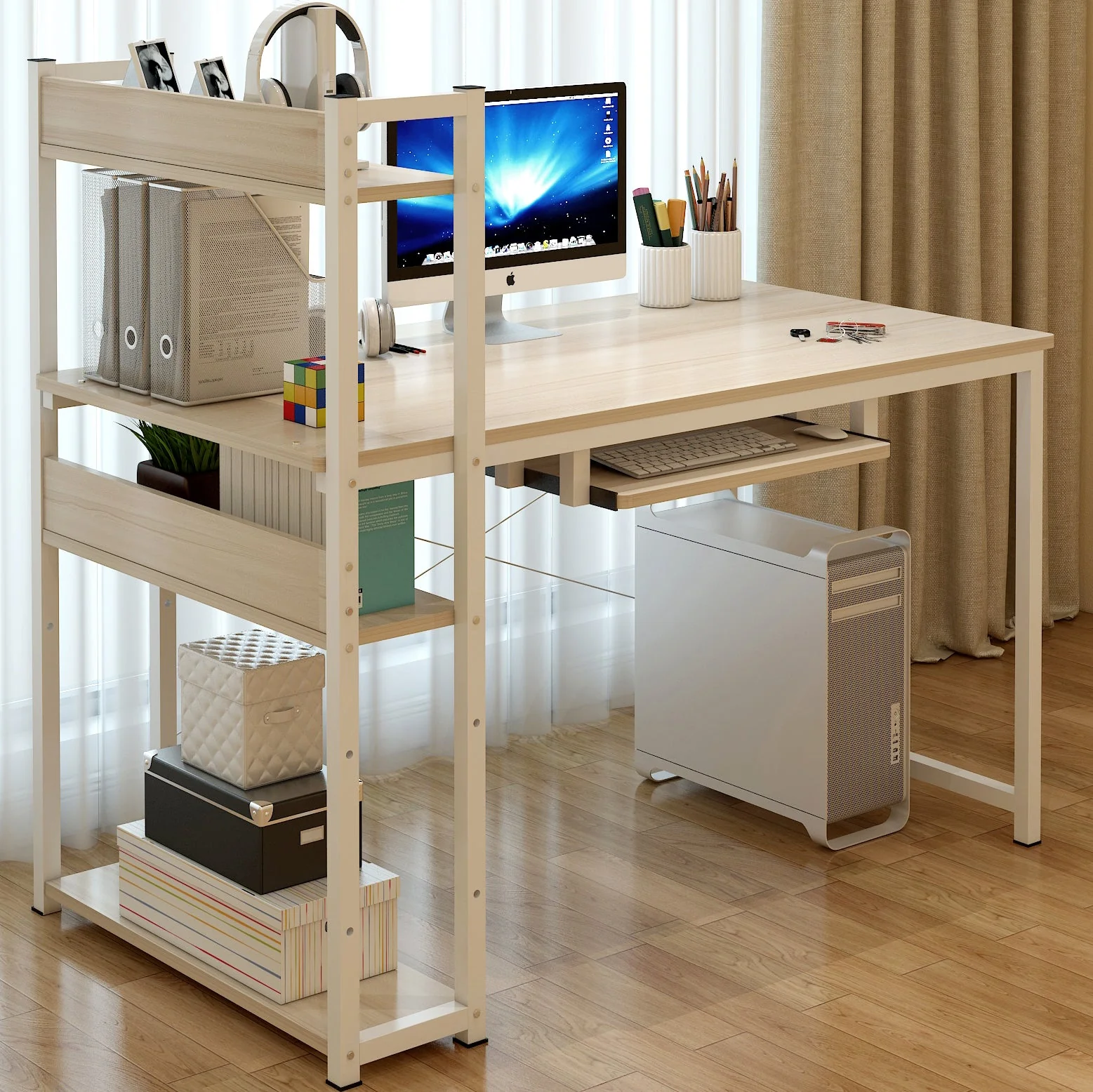 Genius Large Workstation Wood & Steel Computer Desk with Storage Shelves (White Oak) - Image 10