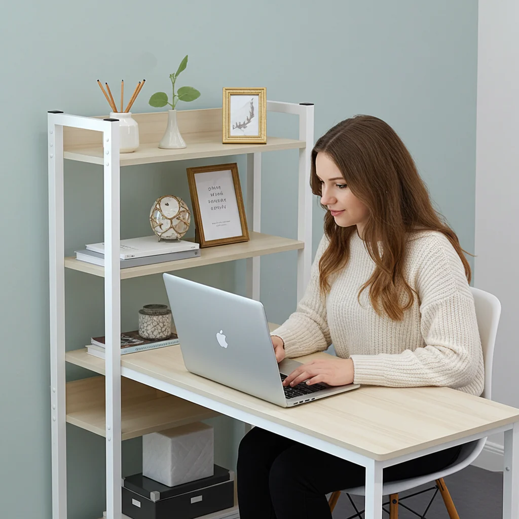 Genius Large Workstation Wood & Steel Computer Desk with Storage Shelves (White Oak) - Image 5