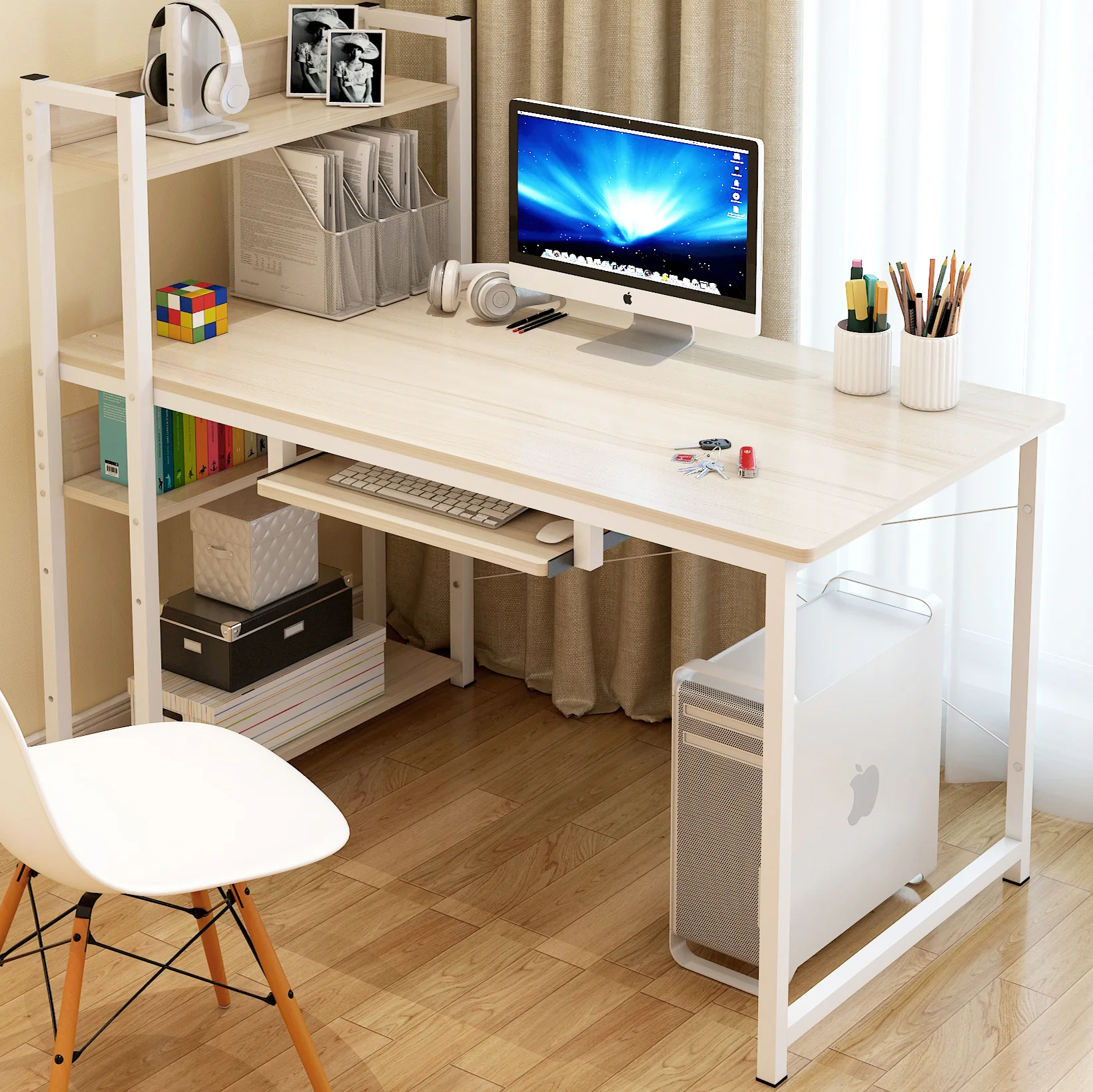 Genius Large Workstation Wood & Steel Computer Desk with Storage Shelves (White Oak) - Image 8