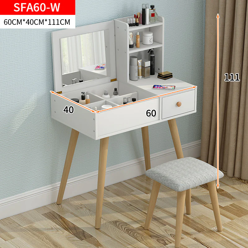 Glam Dresser Vanity Table with Mirror, Stool and Storage Shelves Set (White) - Image 6