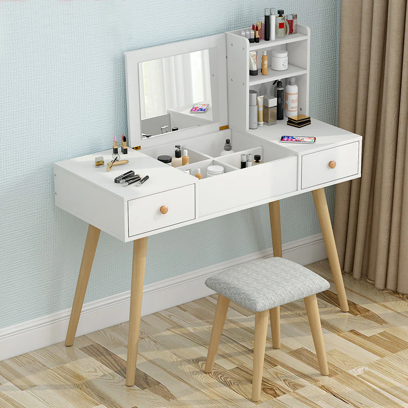 Glam Large Dresser Vanity Table with Mirror, Stool and Storage Shelves Set (White) - Image 11