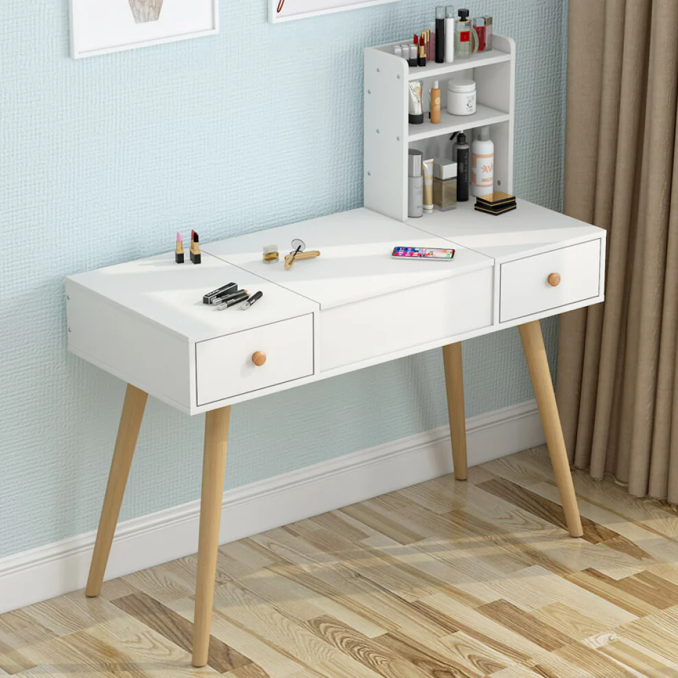 Glam Large Dresser Vanity Table with Mirror, Stool and Storage Shelves Set (White) - Image 3