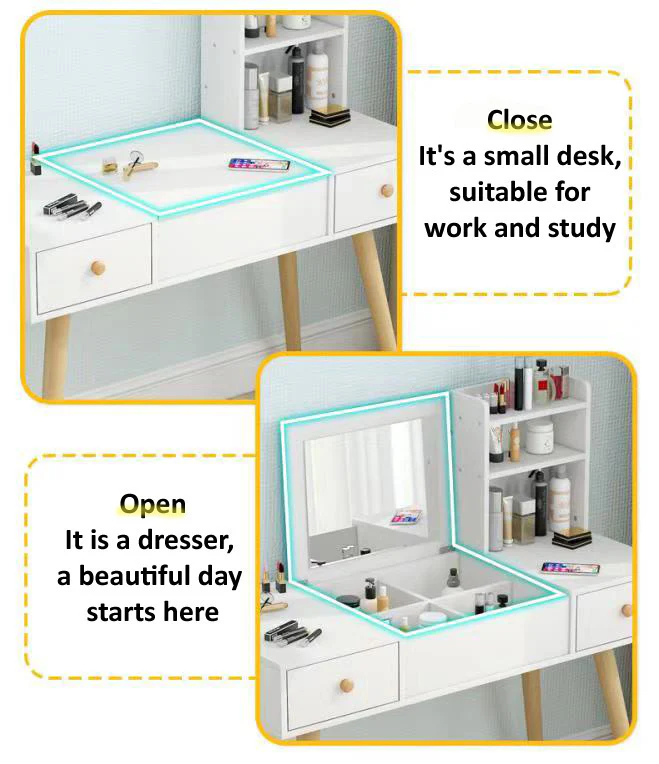 Glam Large Dresser Vanity Table with Mirror, Stool and Storage Shelves Set (White) - Image 4