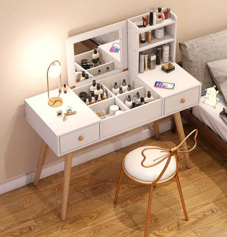 Glam Large Dresser Vanity Table with Mirror, Stool and Storage Shelves Set (White) - Image 8