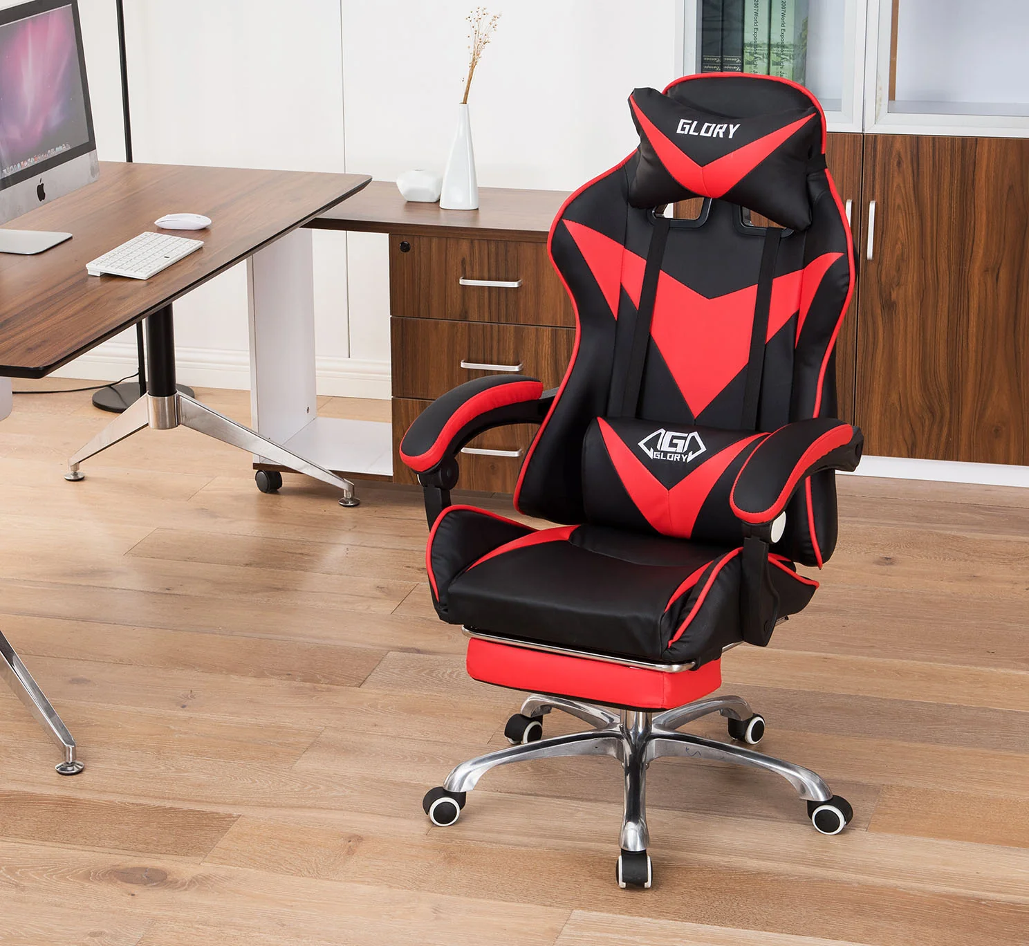 Glory Advanced Deluxe Executive High Back Gaming Reclining Office Chair with Footrest (Red & Black) - Image 4