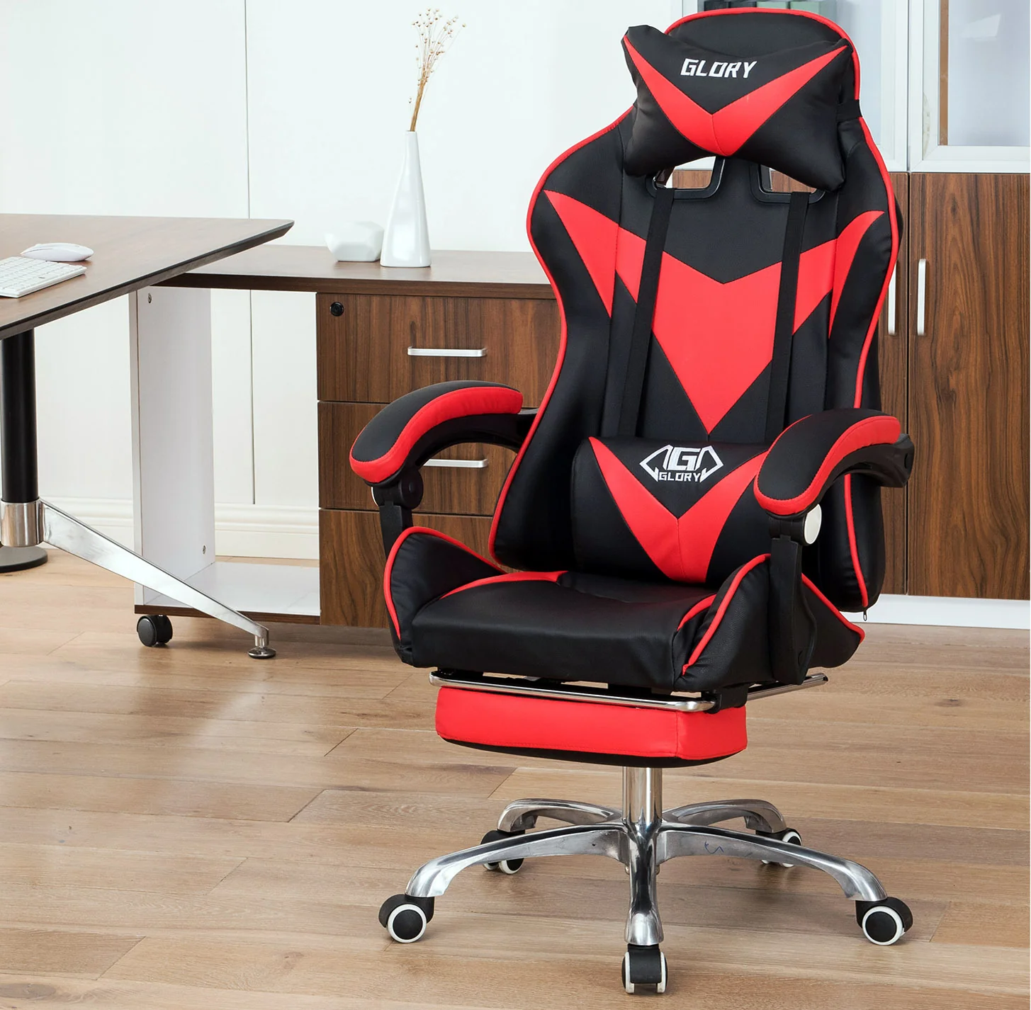 Glory Advanced Deluxe Executive High Back Gaming Reclining Office Chair with Footrest (Red & Black) - Image 7