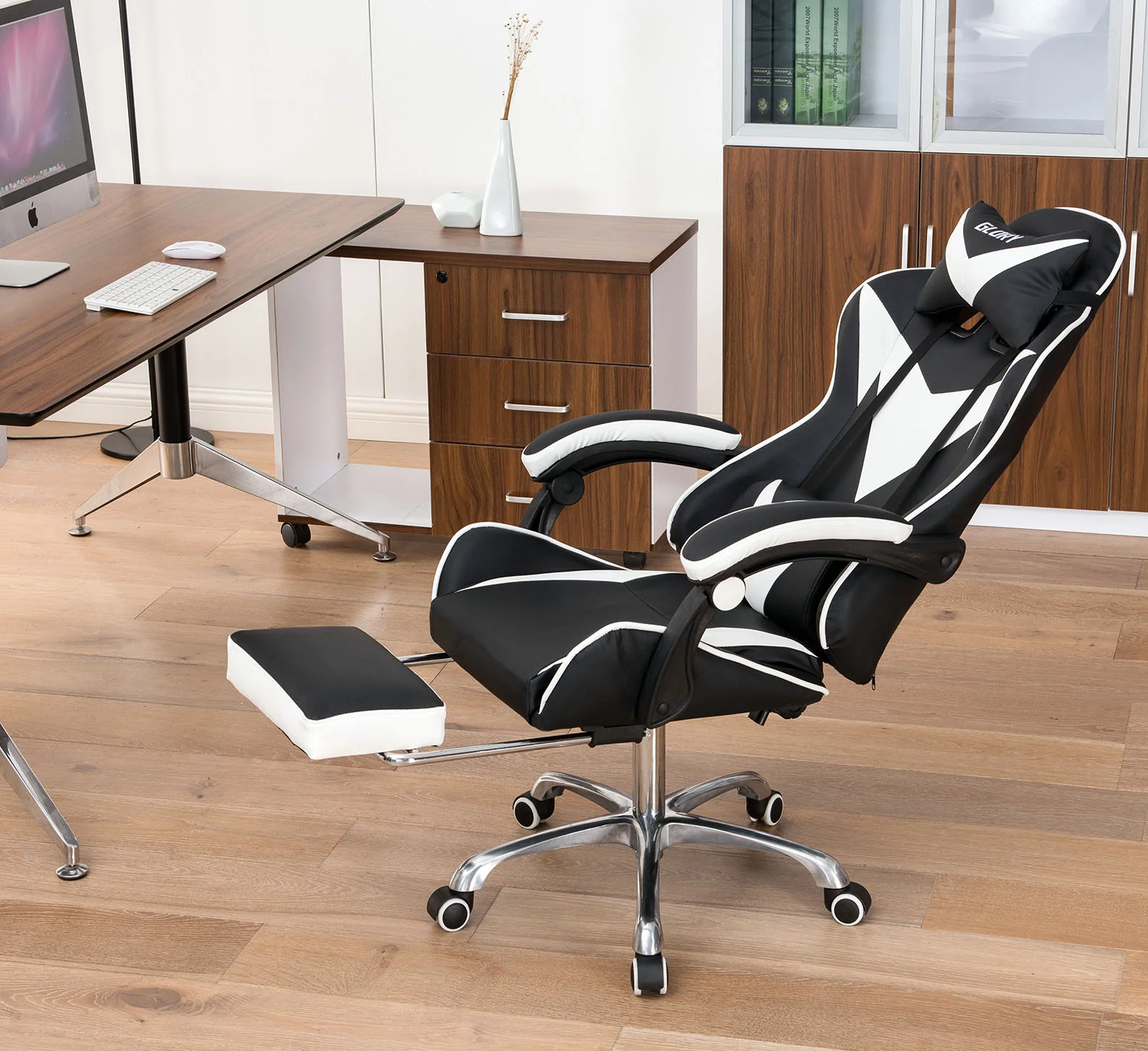 Glory Advanced Deluxe Executive High Back Gaming Reclining Office Chair with Footrest (White & Black) - Image 3