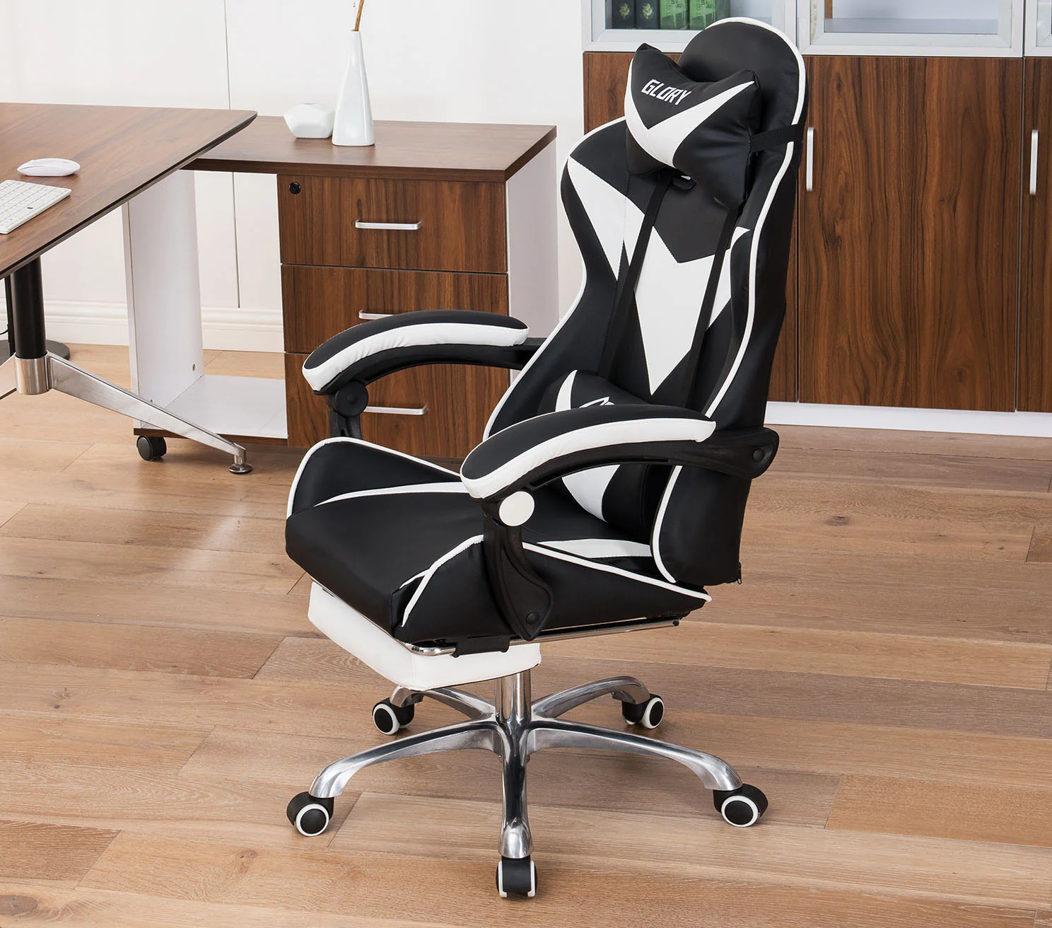 Glory Advanced Deluxe Executive High Back Gaming Reclining Office Chair with Footrest (White & Black) - Image 4
