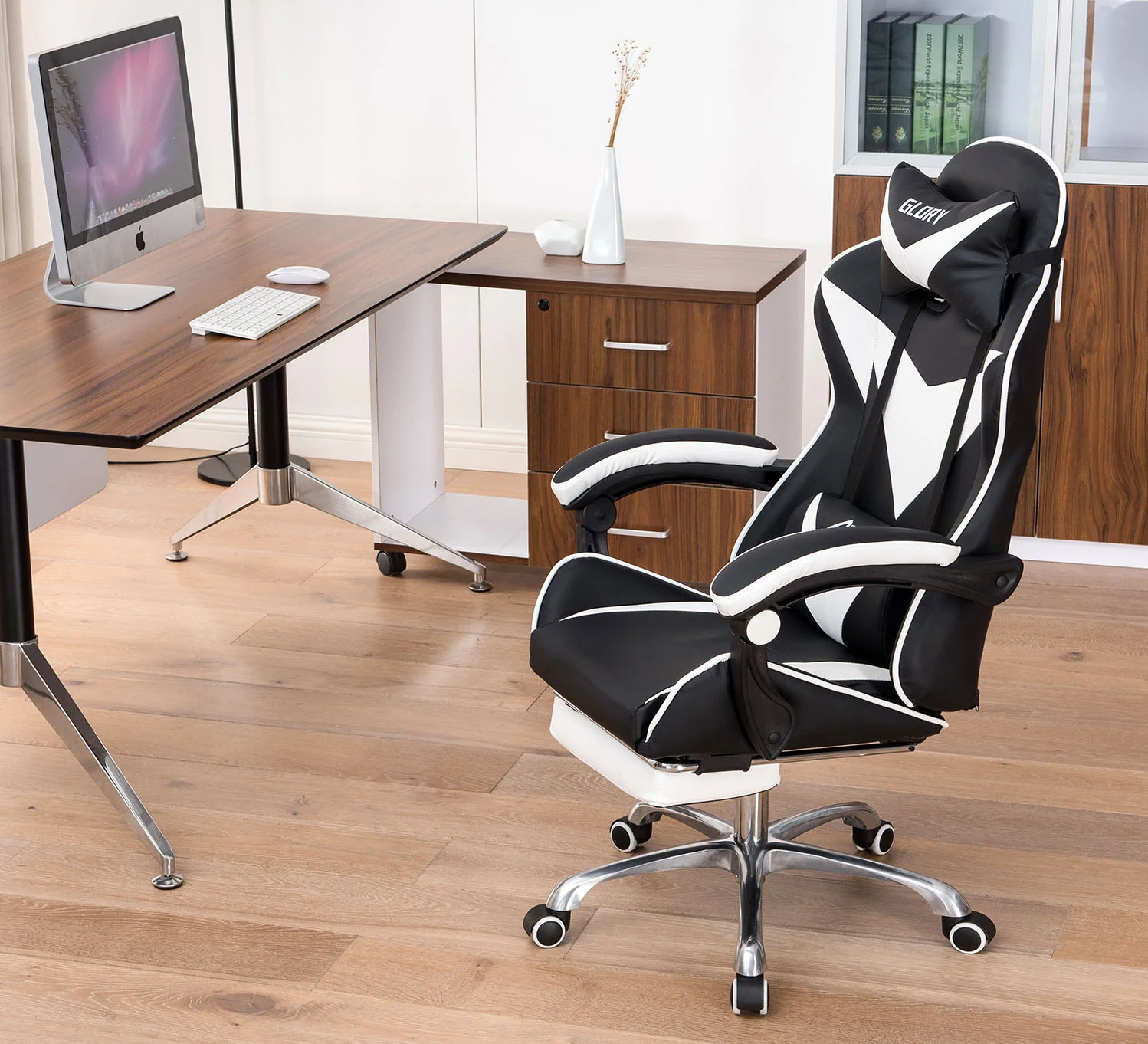 Glory Advanced Deluxe Executive High Back Gaming Reclining Office Chair with Footrest (White & Black) - Image 6