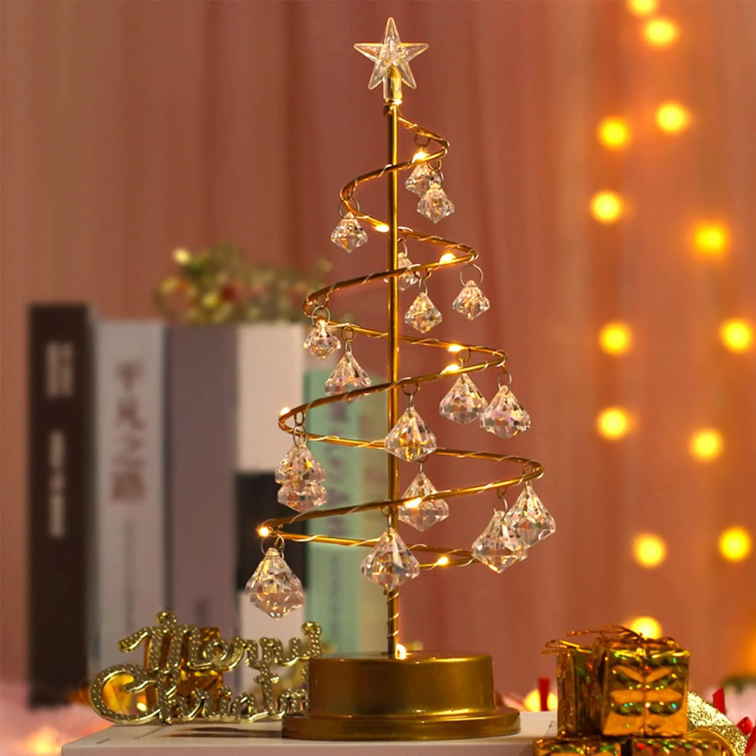 Gold Spiral LED Crystal Christmas Tree Lamp Light - Image 10