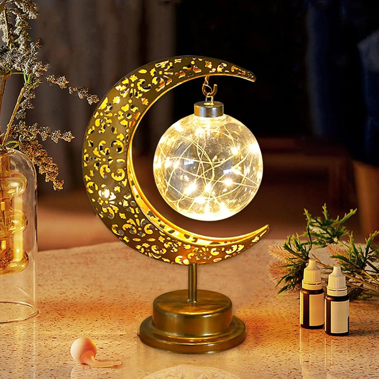 Golden Crescent Moon Globe Decorative LED Table Lamp Night Light - Image 6