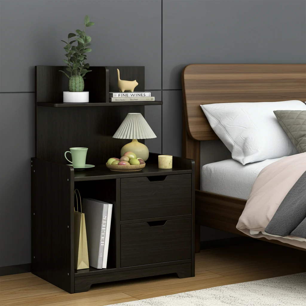 Harmony Tall Bed Side Table with Chest of Drawers and Shelf (Black) - Image 8