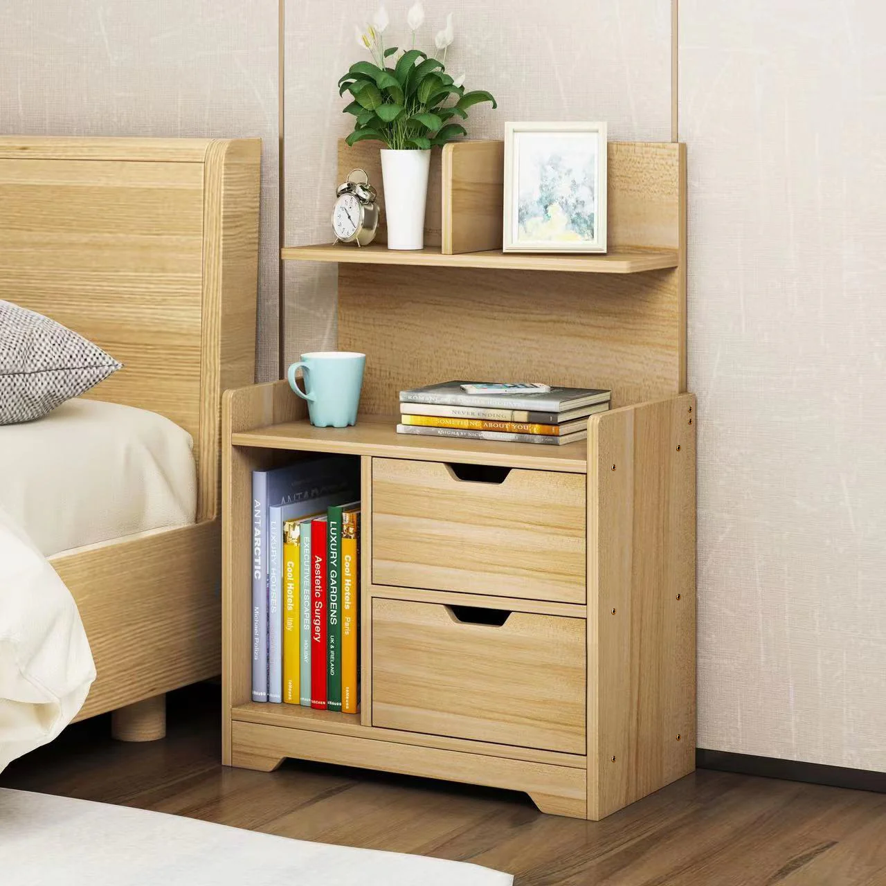 Harmony Tall Bed Side Table with Chest of Drawers and Shelf (Oak) - Image 3