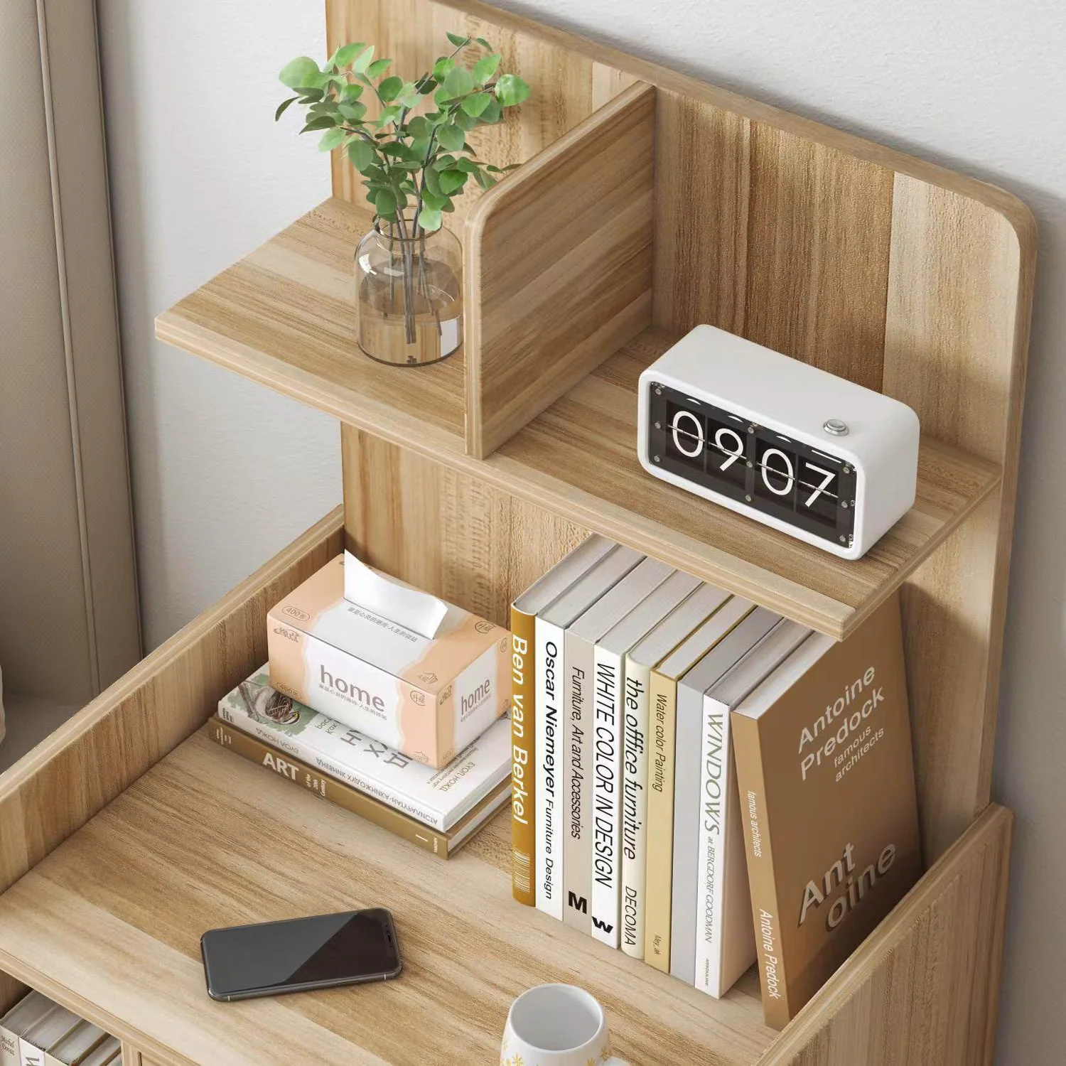 Harmony Tall Bed Side Table with Chest of Drawers and Shelf (Oak) - Image 7