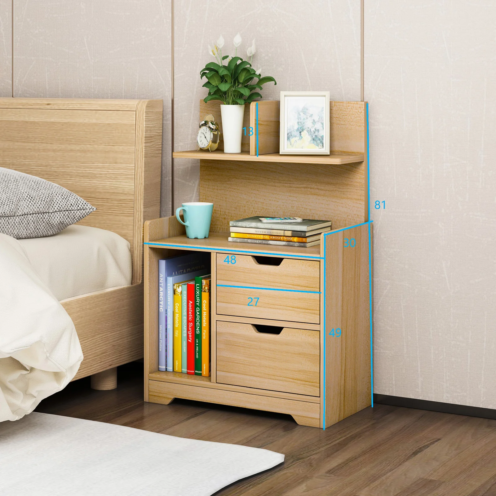 Harmony Tall Bed Side Table with Chest of Drawers and Shelf (Oak) - Image 8