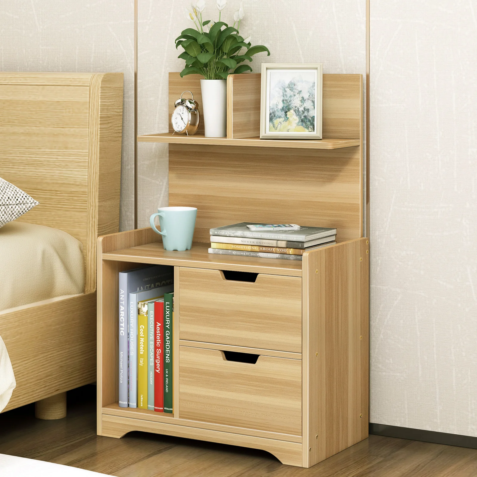 Harmony Tall Bed Side Table with Chest of Drawers and Shelf (Oak) - Image 9