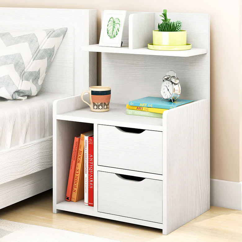 Harmony Tall Bed Side Table with Chest of Drawers and Shelf (White) - Image 10
