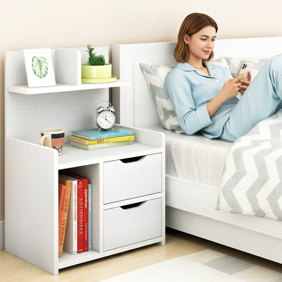 Harmony Tall Bed Side Table with Chest of Drawers and Shelf (White) - Image 7