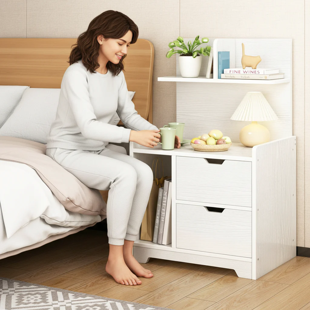 Harmony Tall Bed Side Table with Chest of Drawers and Shelf (White) - Image 8