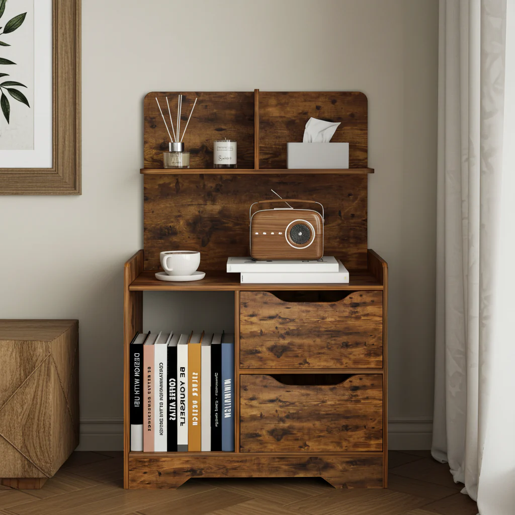 Harmony Tall Rustic Bed Side Table with Chest of Drawers and Shelf - Image 12
