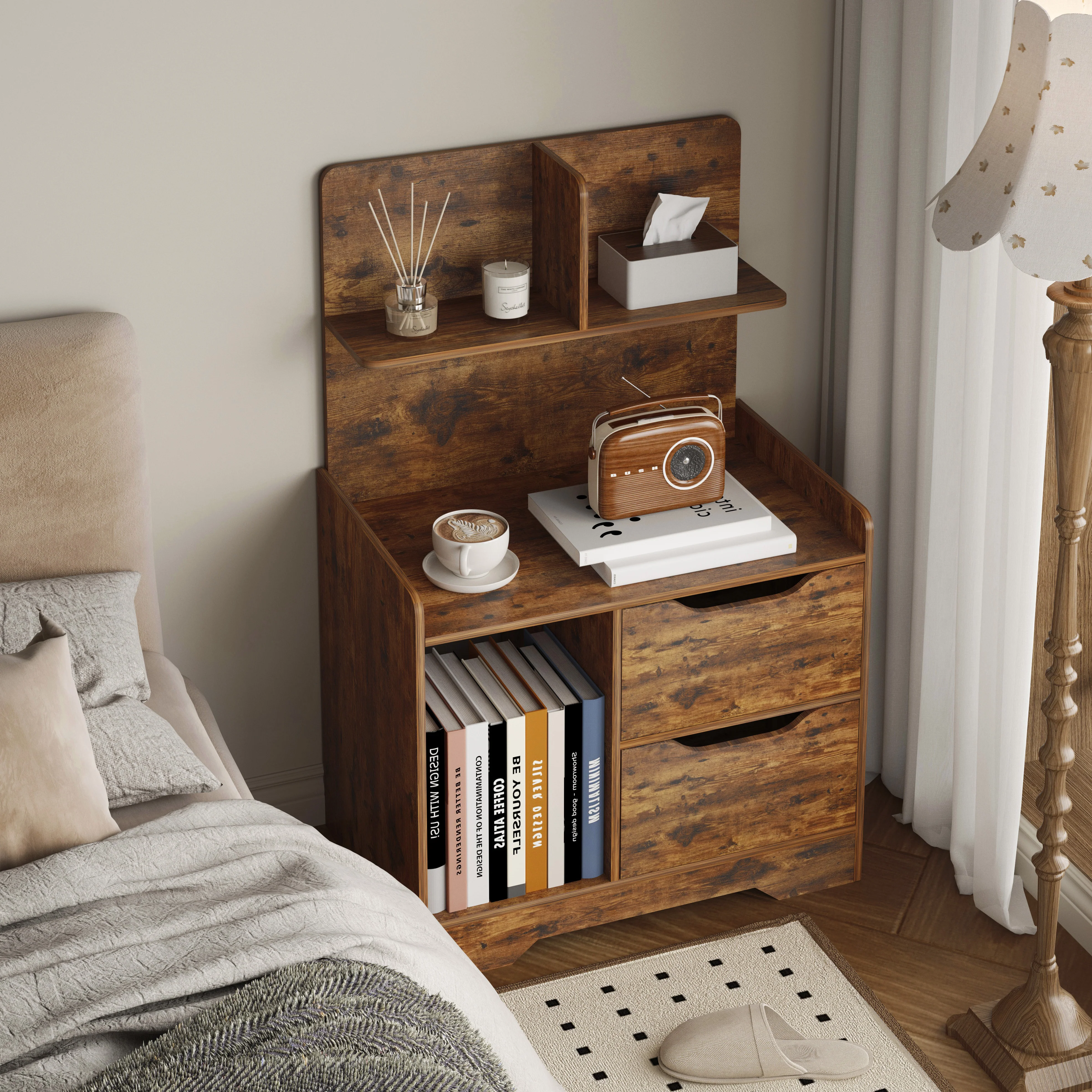 Harmony Tall Rustic Bed Side Table with Chest of Drawers and Shelf - Image 3
