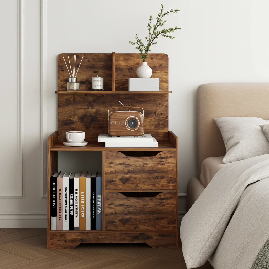 Harmony Tall Rustic Bed Side Table with Chest of Drawers and Shelf - Image 4