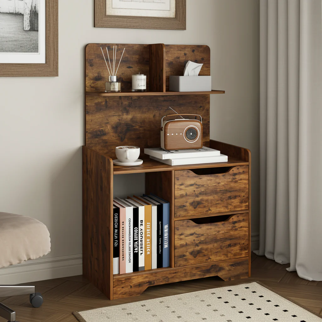 Harmony Tall Rustic Bed Side Table with Chest of Drawers and Shelf - Image 5