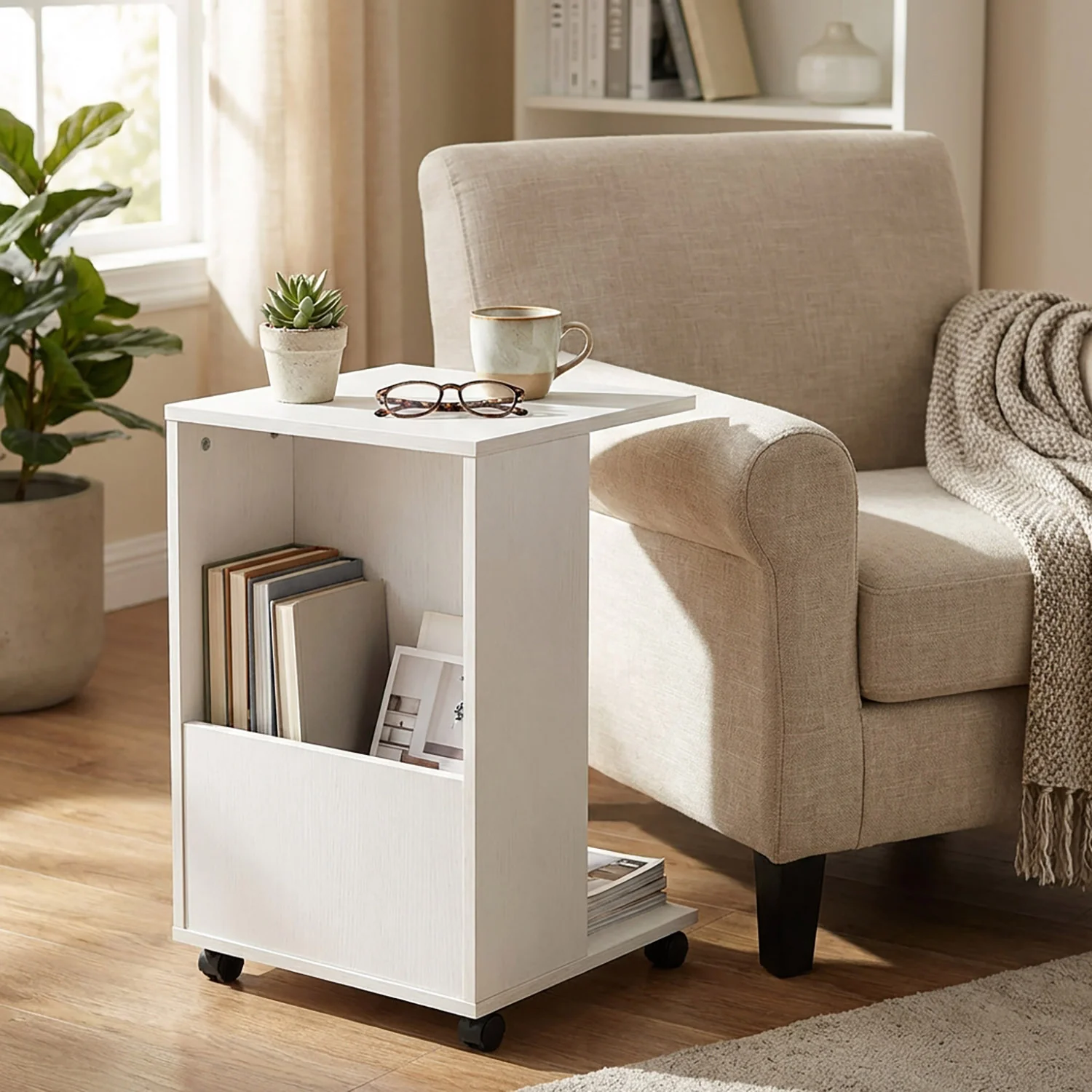 Hermes Sofa Side Table with Magazine Holder (White) - Image 5