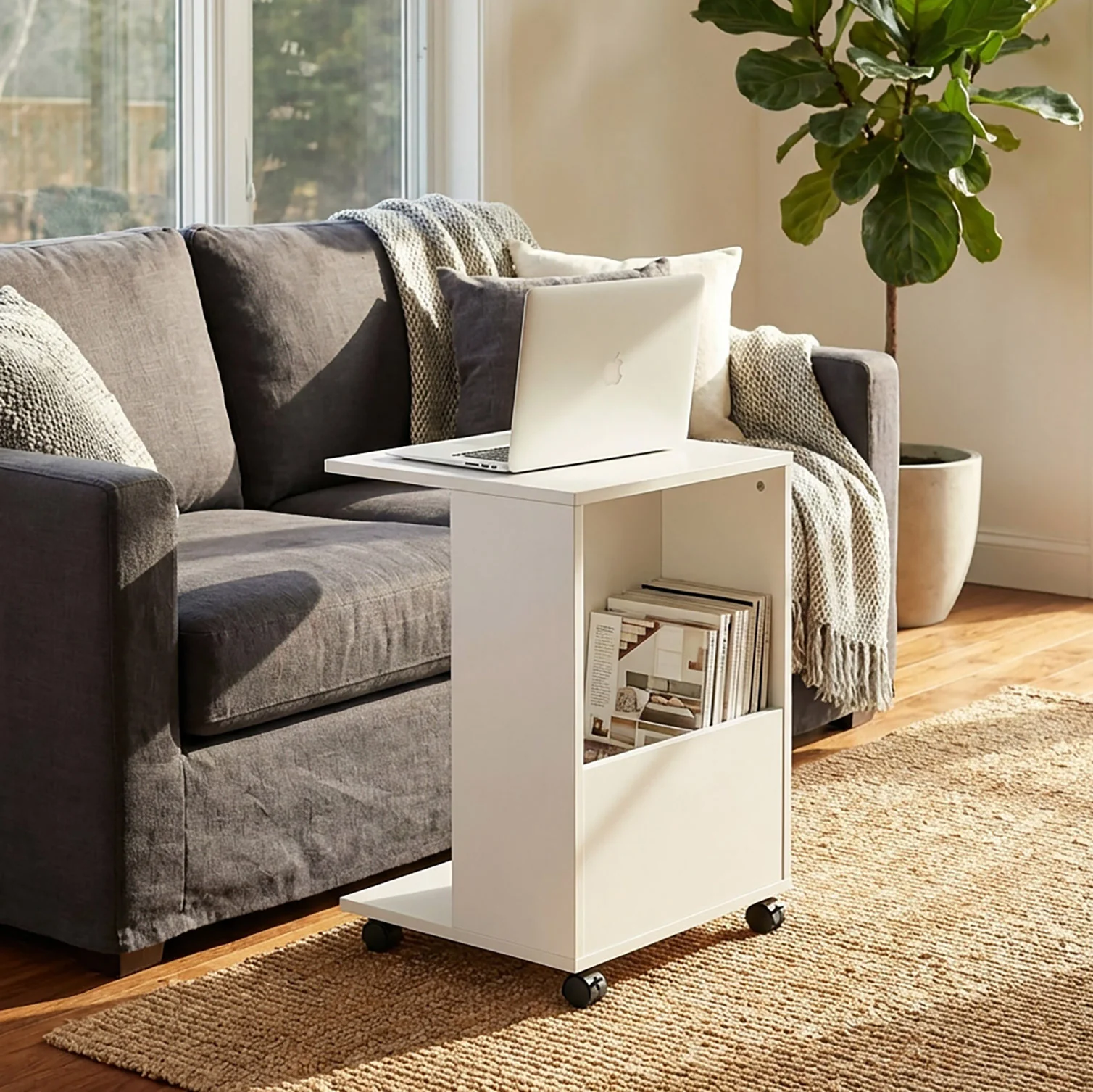 Hermes Sofa Side Table with Magazine Holder (White) - Image 7