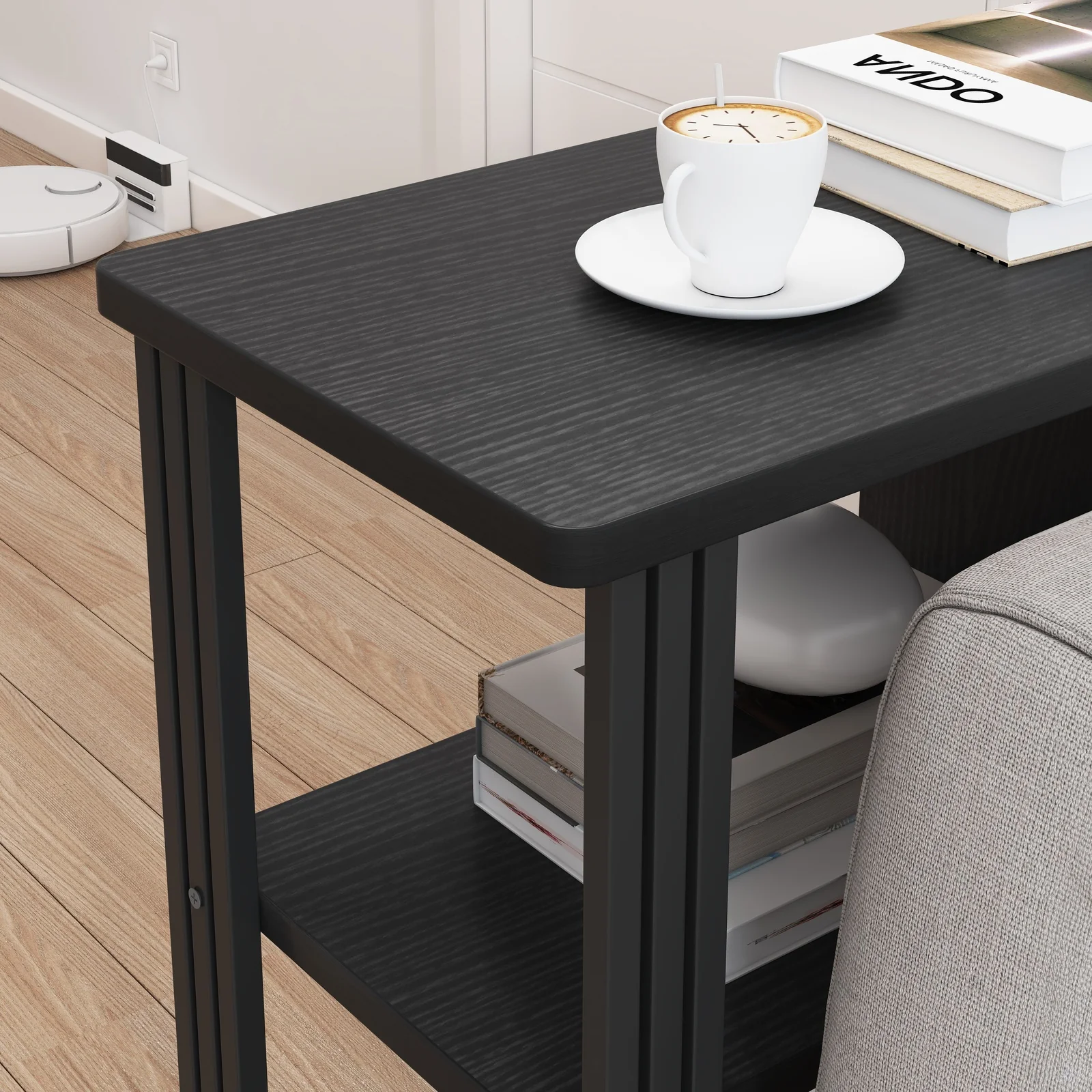 Icon Wood and Steel Sofa Side Table with Shelves (Black) - Image 9