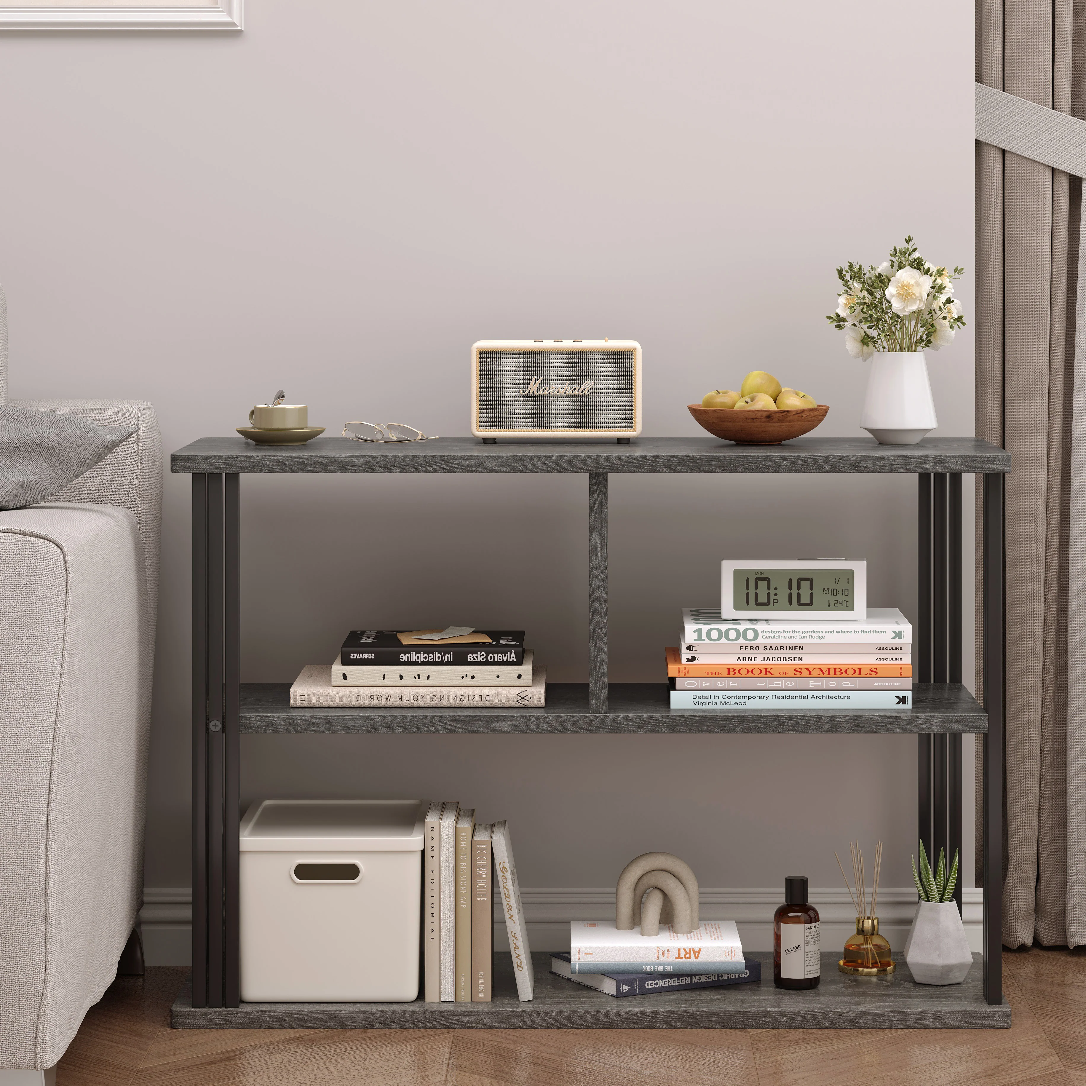 Icon Wood and Steel Sofa Side Table with Shelves (Rustic Grey) - Image 5