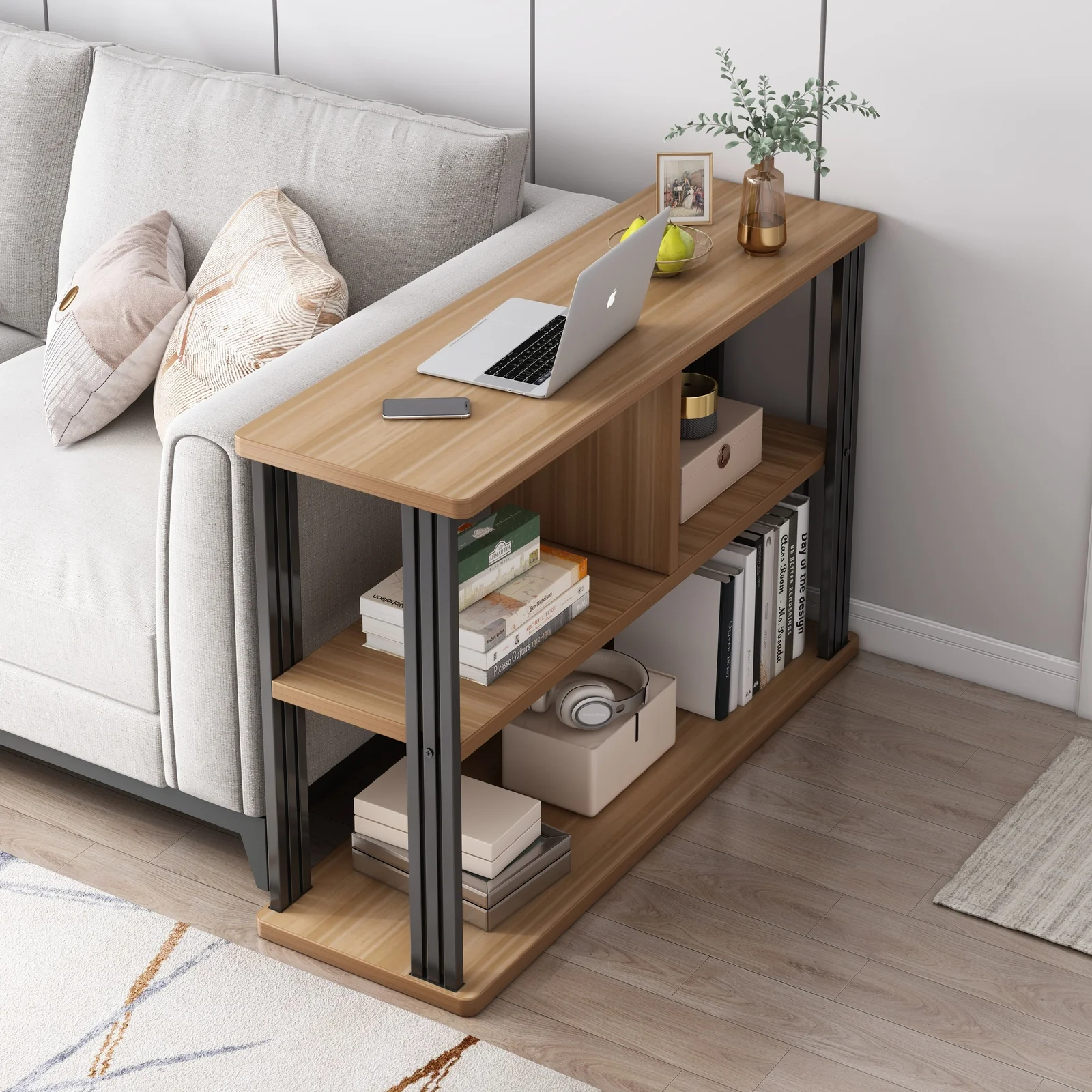 Icon Wood and Steel Sofa Side Table with Shelves (Oak) - Image 12