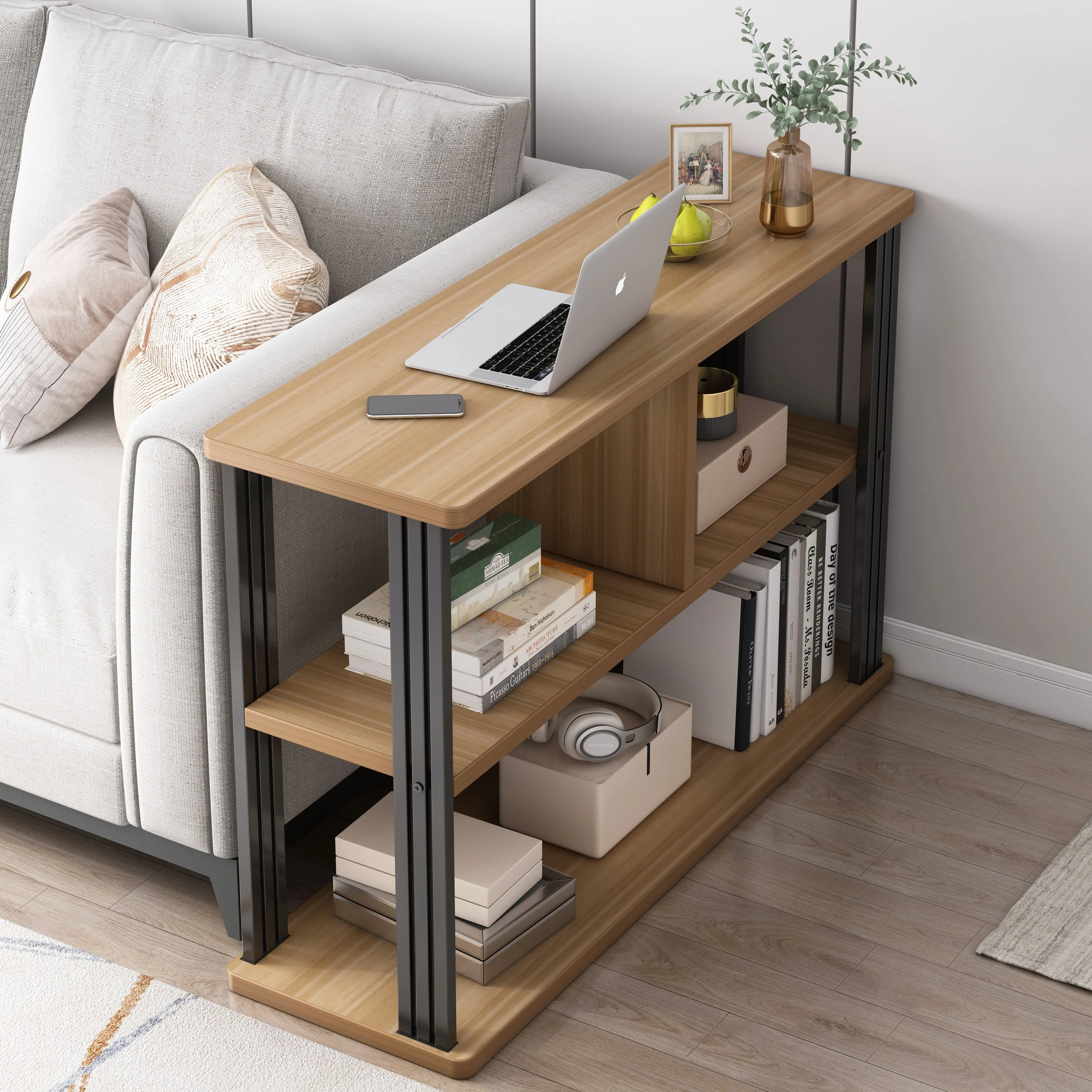 Icon Wood and Steel Sofa Side Table with Shelves (Oak) - Image 6