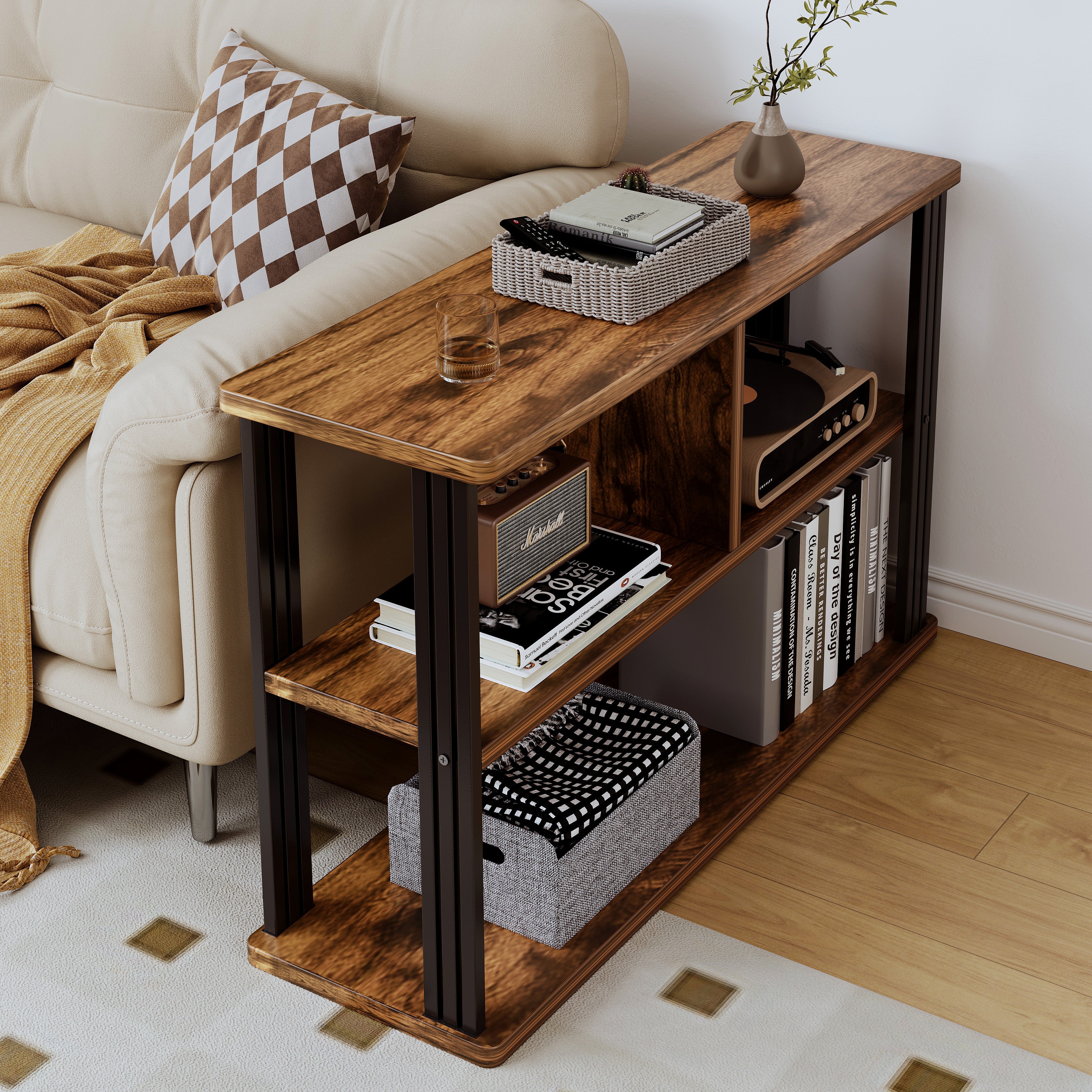 Icon Wood and Steel Sofa Side Table with Shelves (Rustic Wood) - Image 6