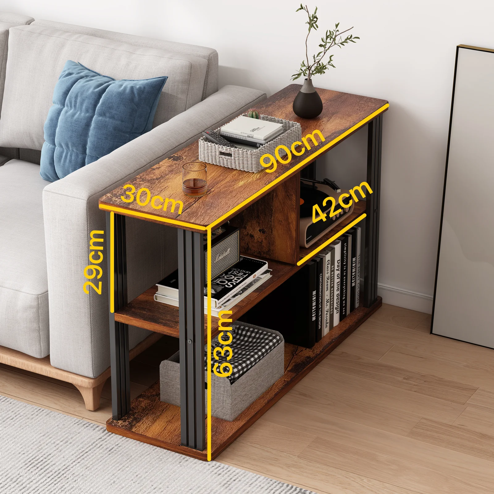 Icon Wood and Steel Sofa Side Table with Shelves (Rustic Wood) - Image 7