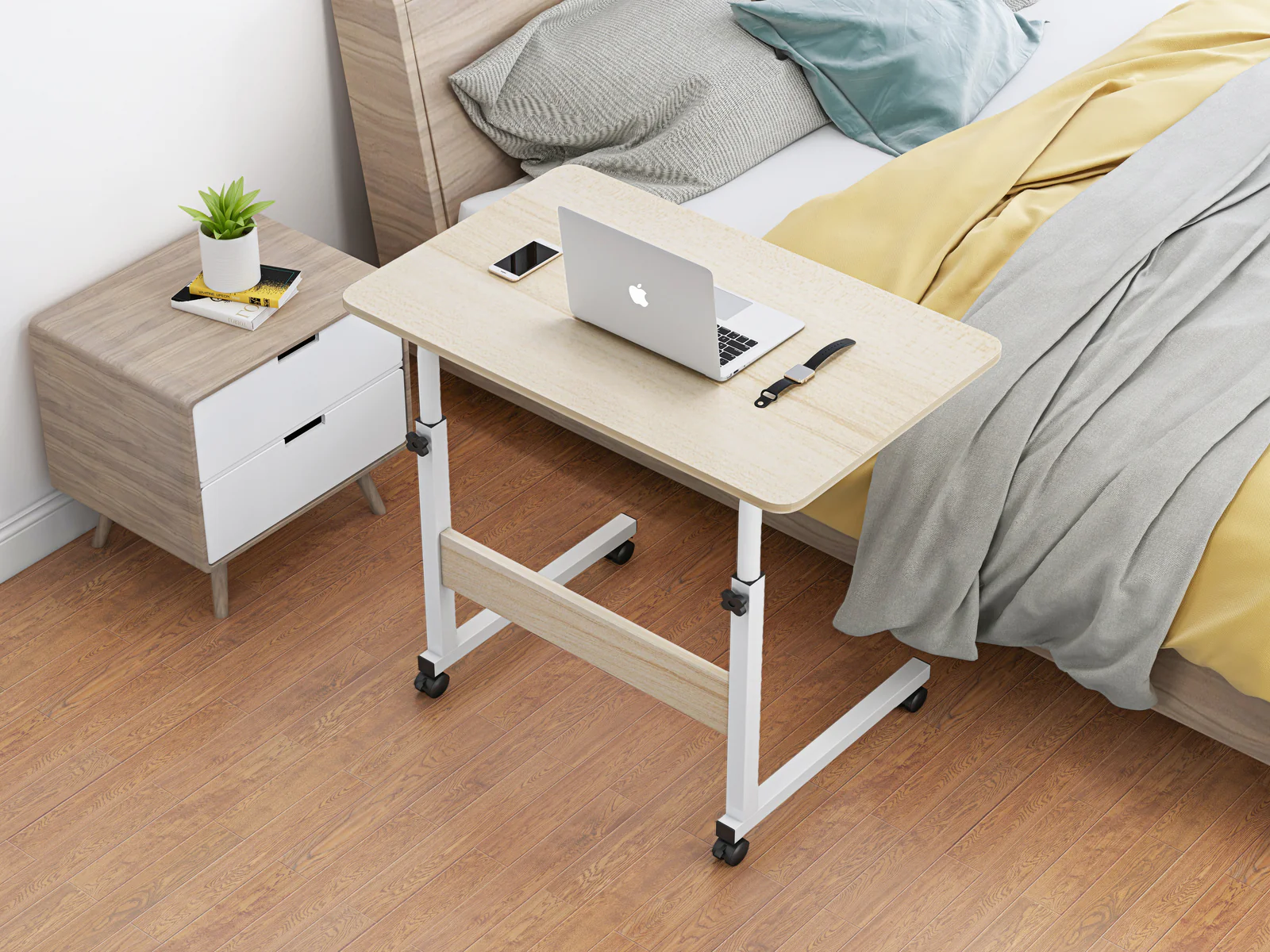 Impact Adjustable Portable Sofa Bed Side Table Laptop Desk with Wheels (White Oak) - Image 10