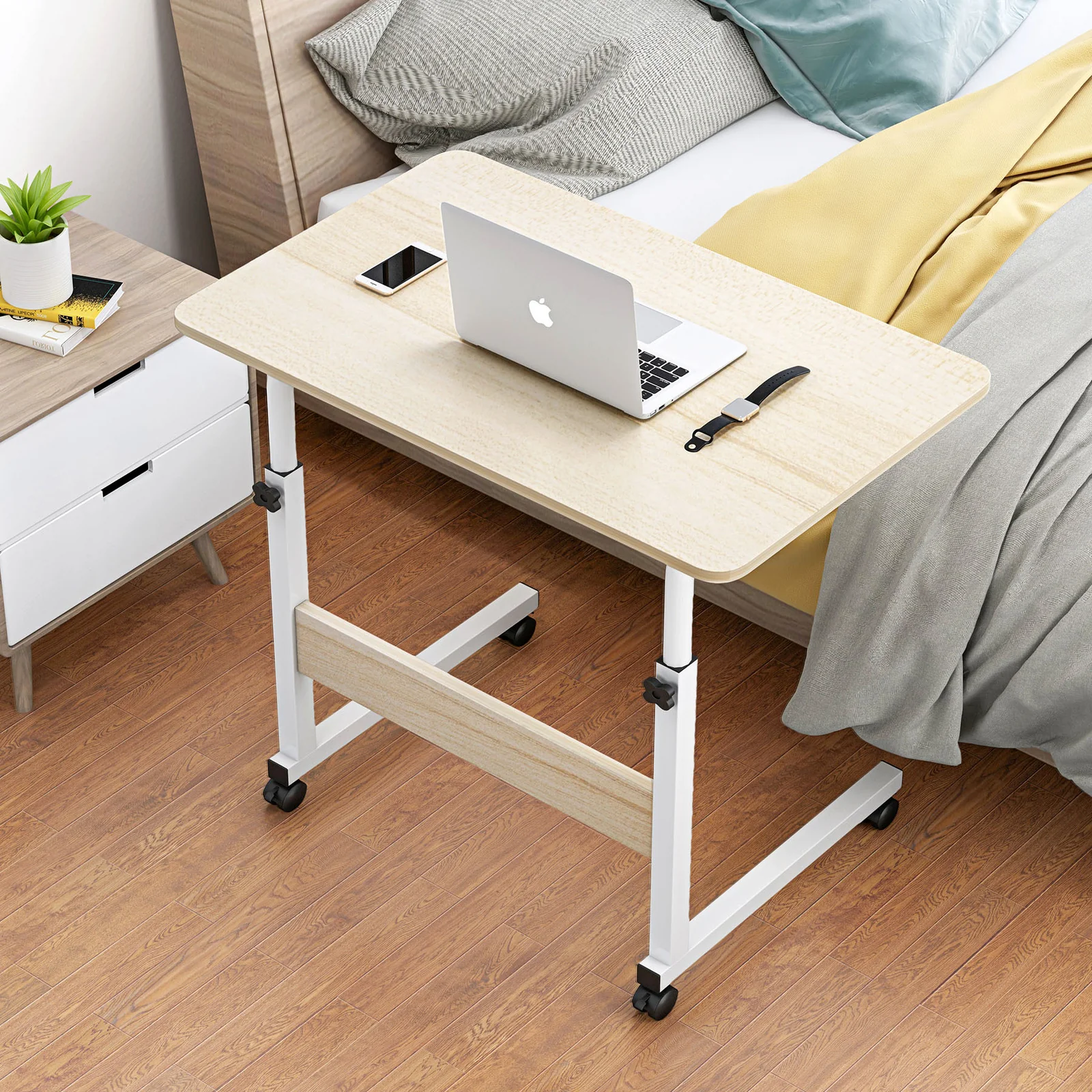 Impact Adjustable Portable Sofa Bed Side Table Laptop Desk with Wheels (White Oak) - Image 12