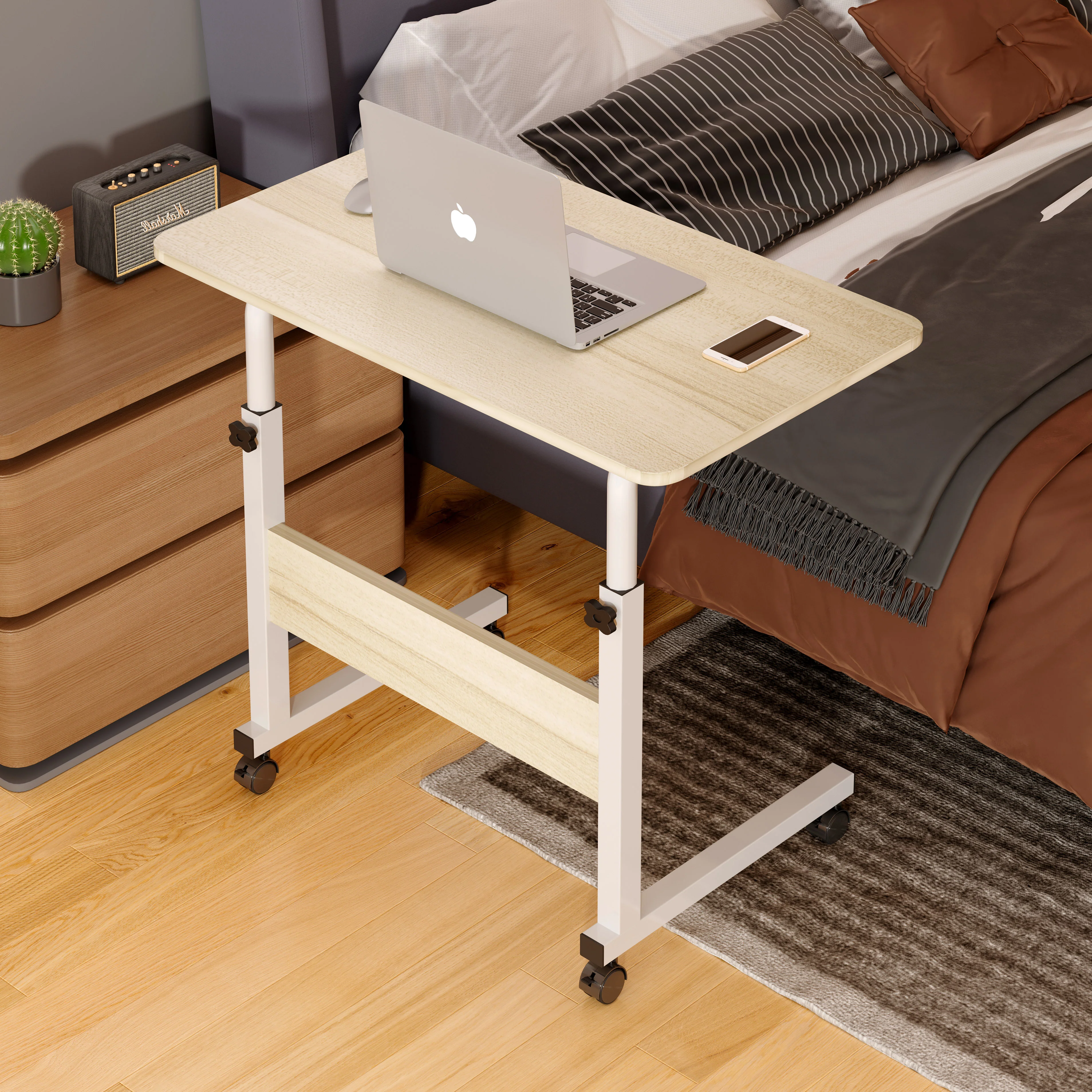 Impact Adjustable Portable Sofa Bed Side Table Laptop Desk with Wheels (White Oak) - Image 3