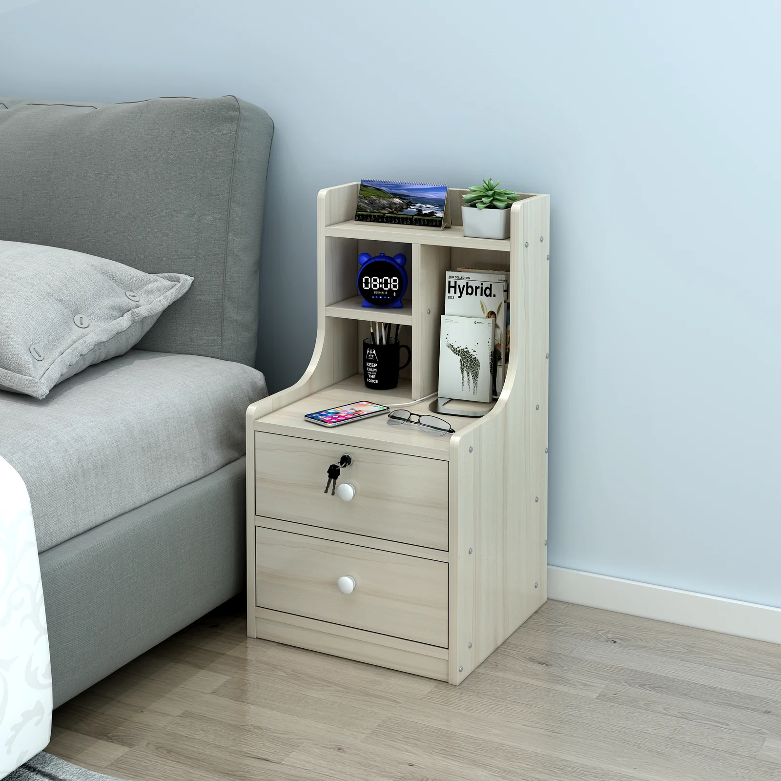 Imperial 2-Drawer Bedside Table with Chest of Drawers and Shelf (White Oak) - Image 2